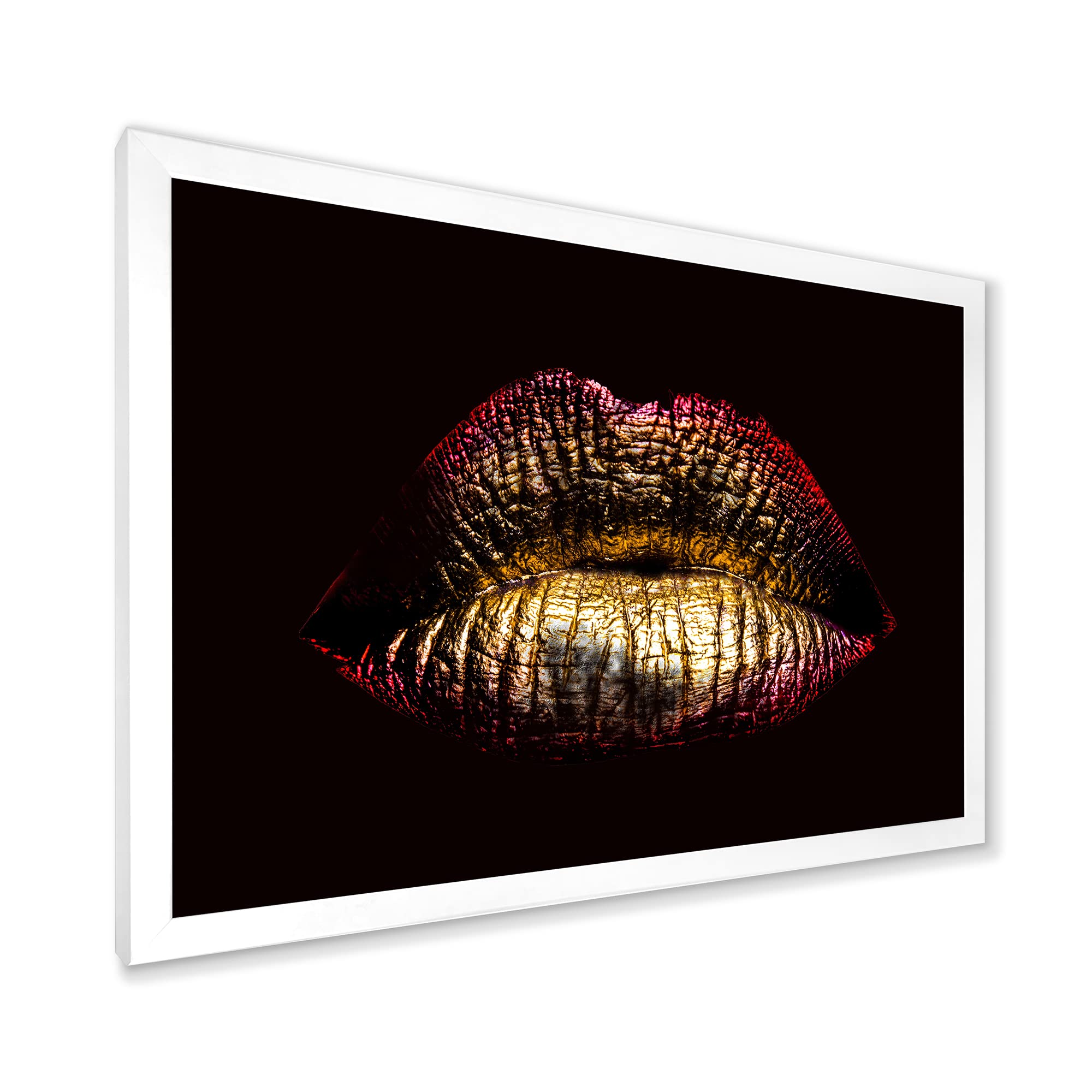 Golden Metallic Lips IV Modern Framed Wall Art - Elegant Home Decor for Living Room, Bedroom & Office