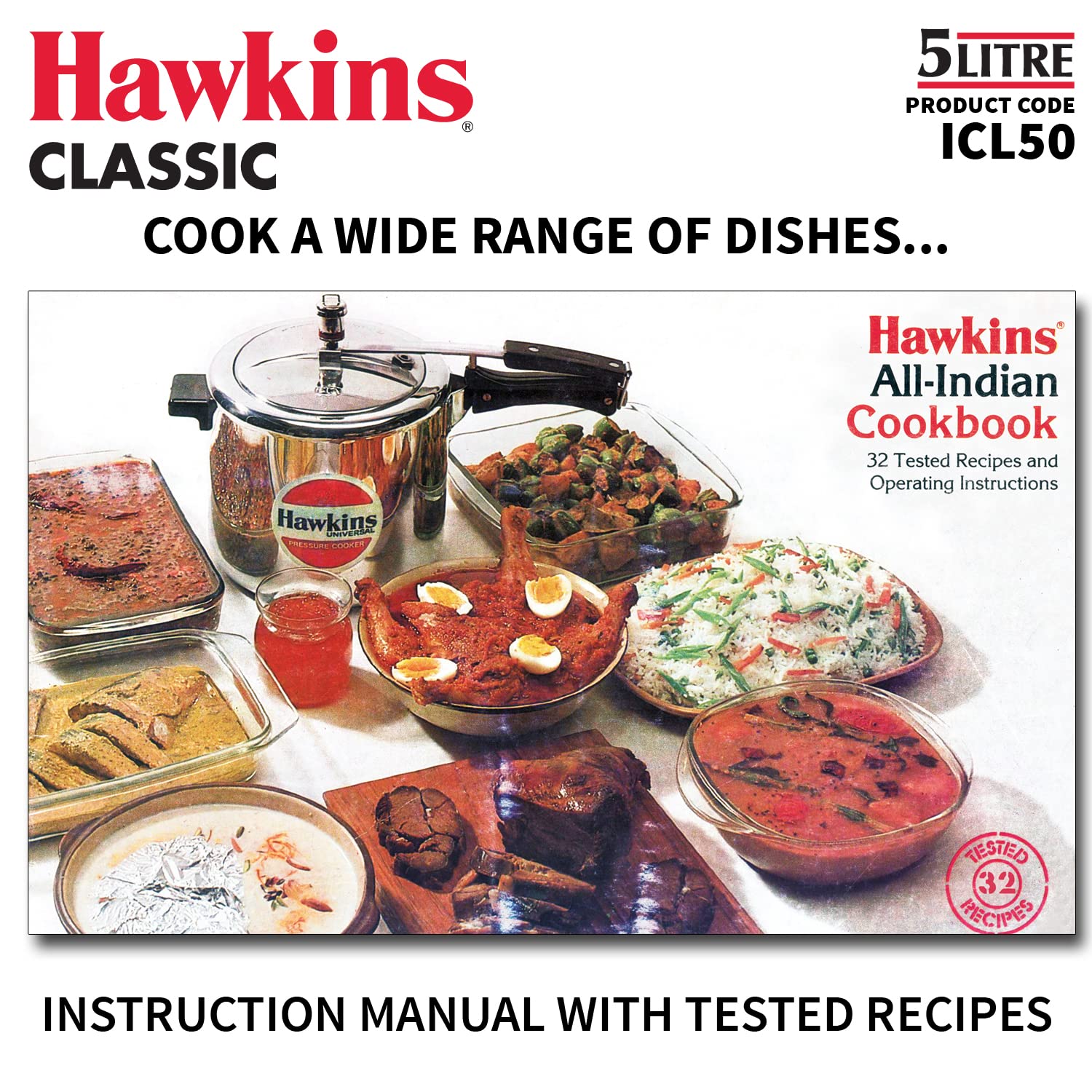 Hawkins Aluminum 5L Classic Pressure Cooker with Induction Base - Silver (ICL50) | Fast & Safe Cooking for Rice, Beans, Soups & Stews | Perfect for Home Kitchens & Camping