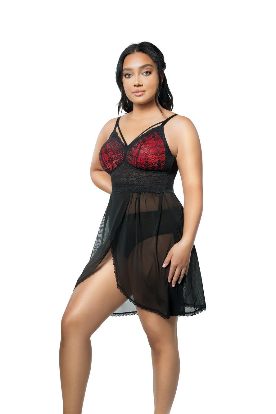 Parfait Mia Lace Chemise Nightgown - Black Satin Sleepwear for Women, Elegant Lace Trim Slip Dress for Bridal, Honeymoon & Romantic Nights