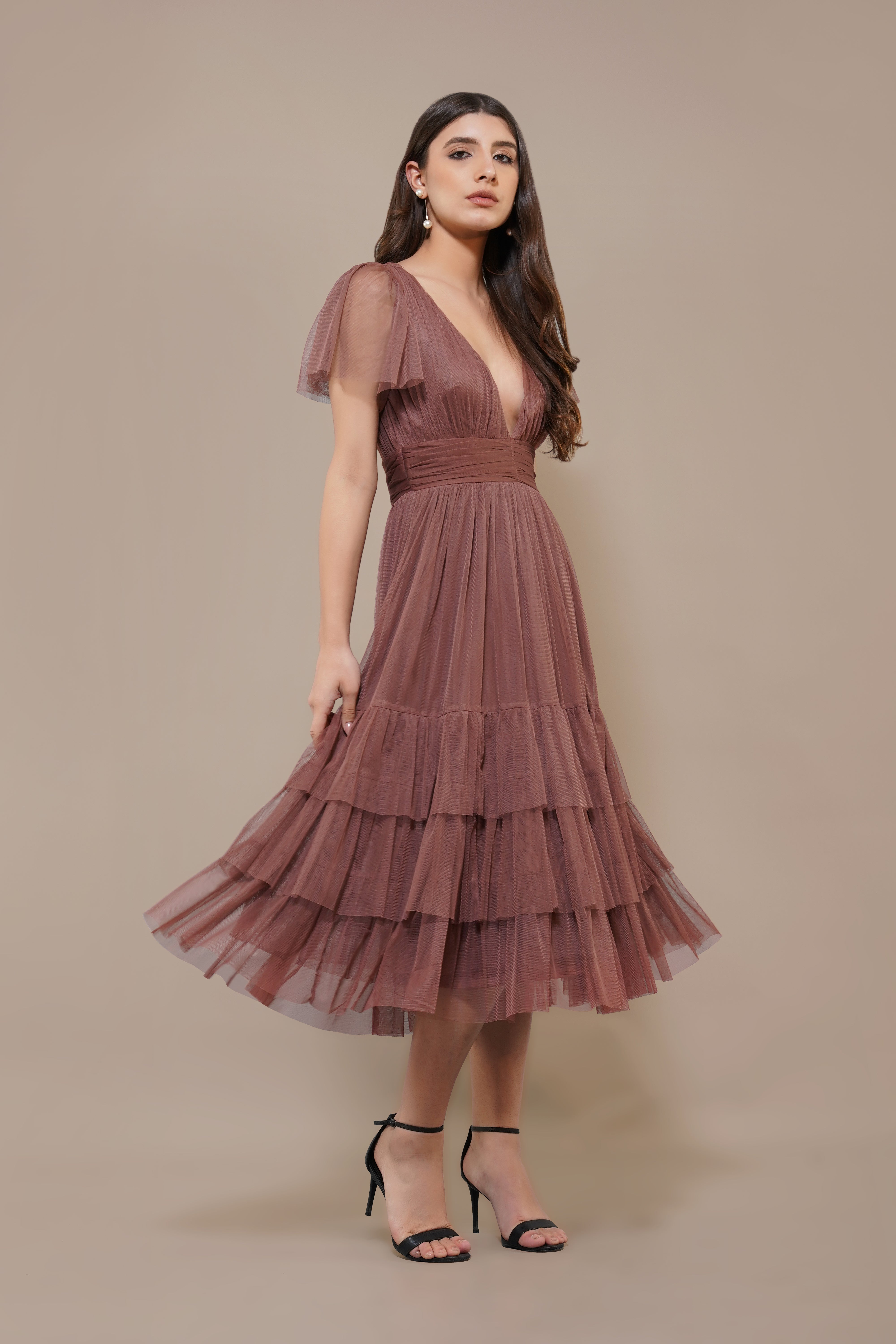 Madison Rose Brown Tulle Bridesmaid Midi Dress - Elegant Tea-Length Formal Gown for Weddings, Prom & Special Occasions