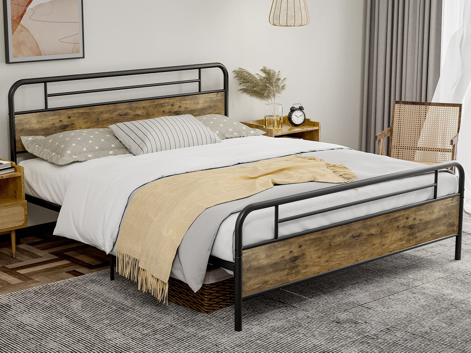 IKIFLY California King Bed Frame with Wood Headboard & Footboard - Farmhouse Style Metal Platform Bed with Heavy Duty Steel Slats, 12