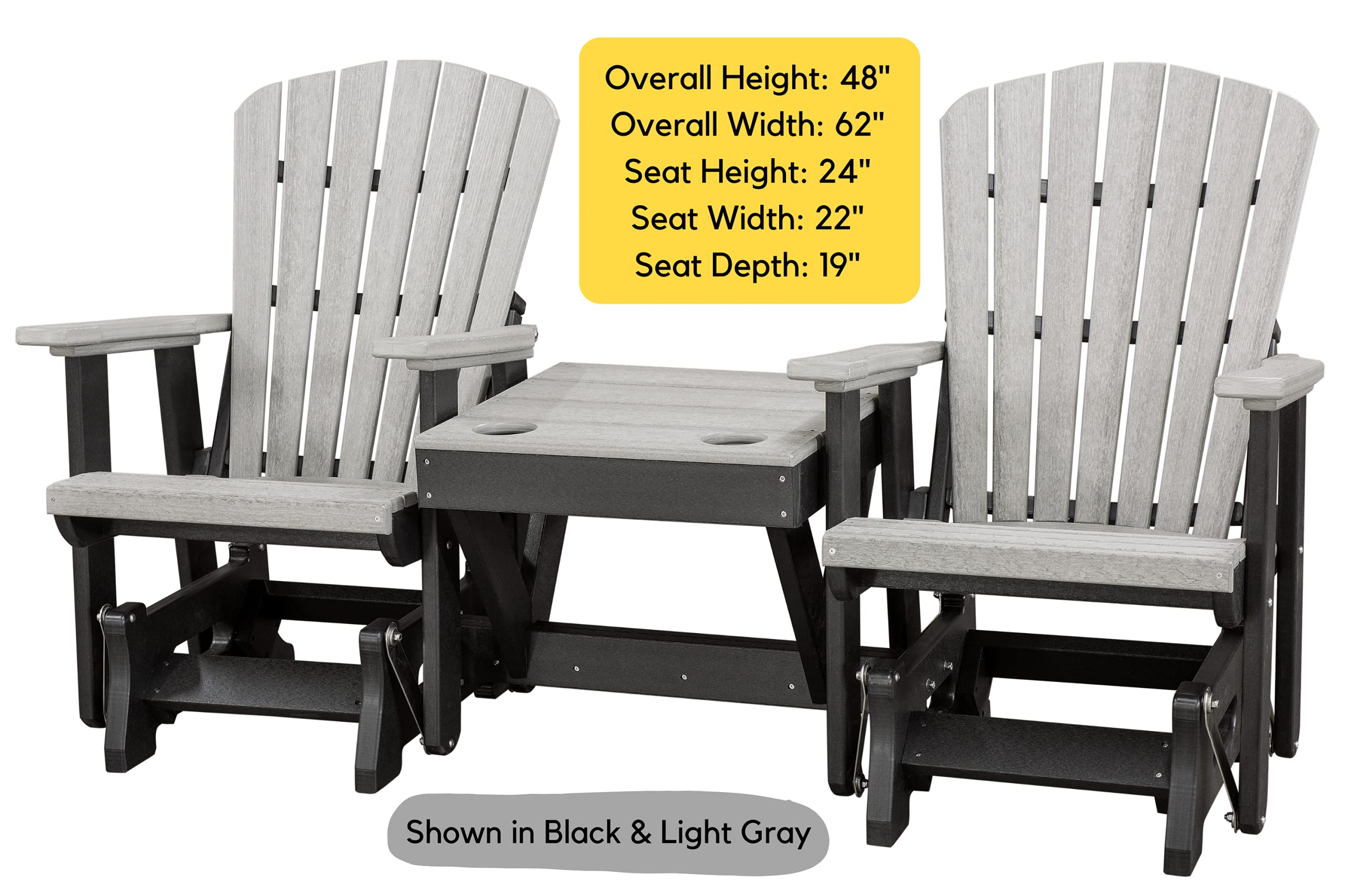 Double Poly Adirondack Glider Patio Chairs with Center Table - White & Aruba Blue - Outdoor Slat Fan Back Furniture for Garden, Deck, Poolside Relaxation