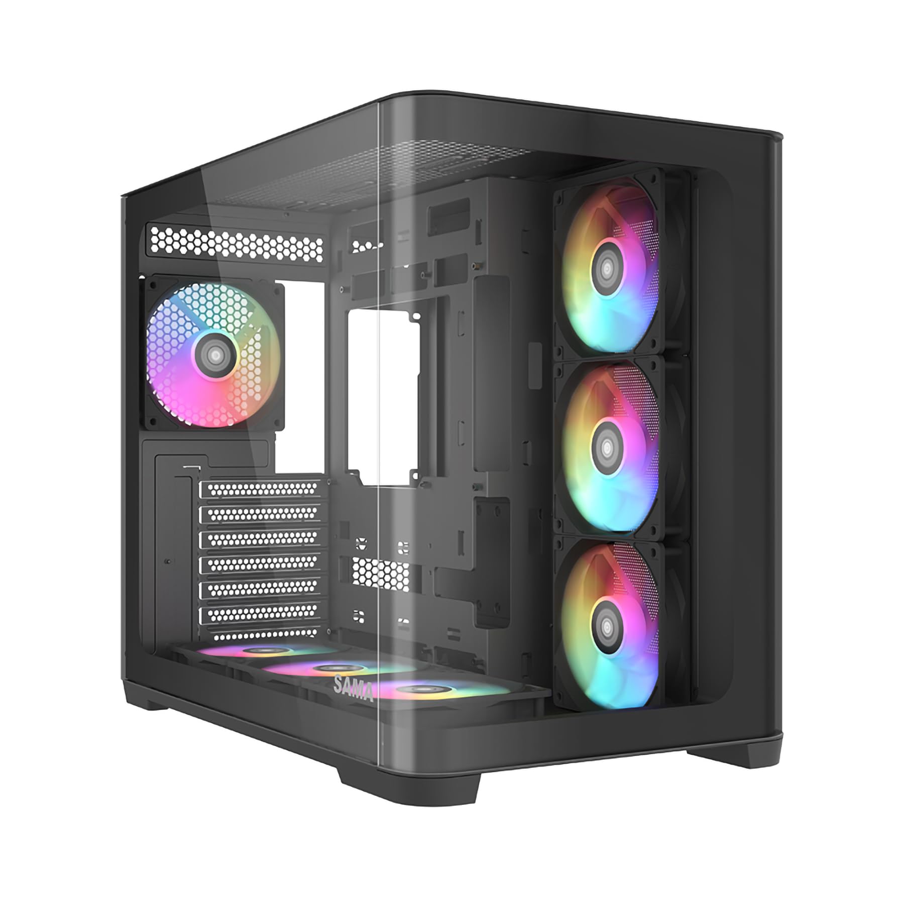 SAMA V60 Black Mid-Tower PC Case with Curved Tempered Glass, 7 Pre-Installed ARGB PWM Fans & Hub, USB Type-C, ATX/MATX/ITX Back-Connect, 360mm Liquid Cooling Support - Perfect for Gaming Rigs & High-Performance Builds