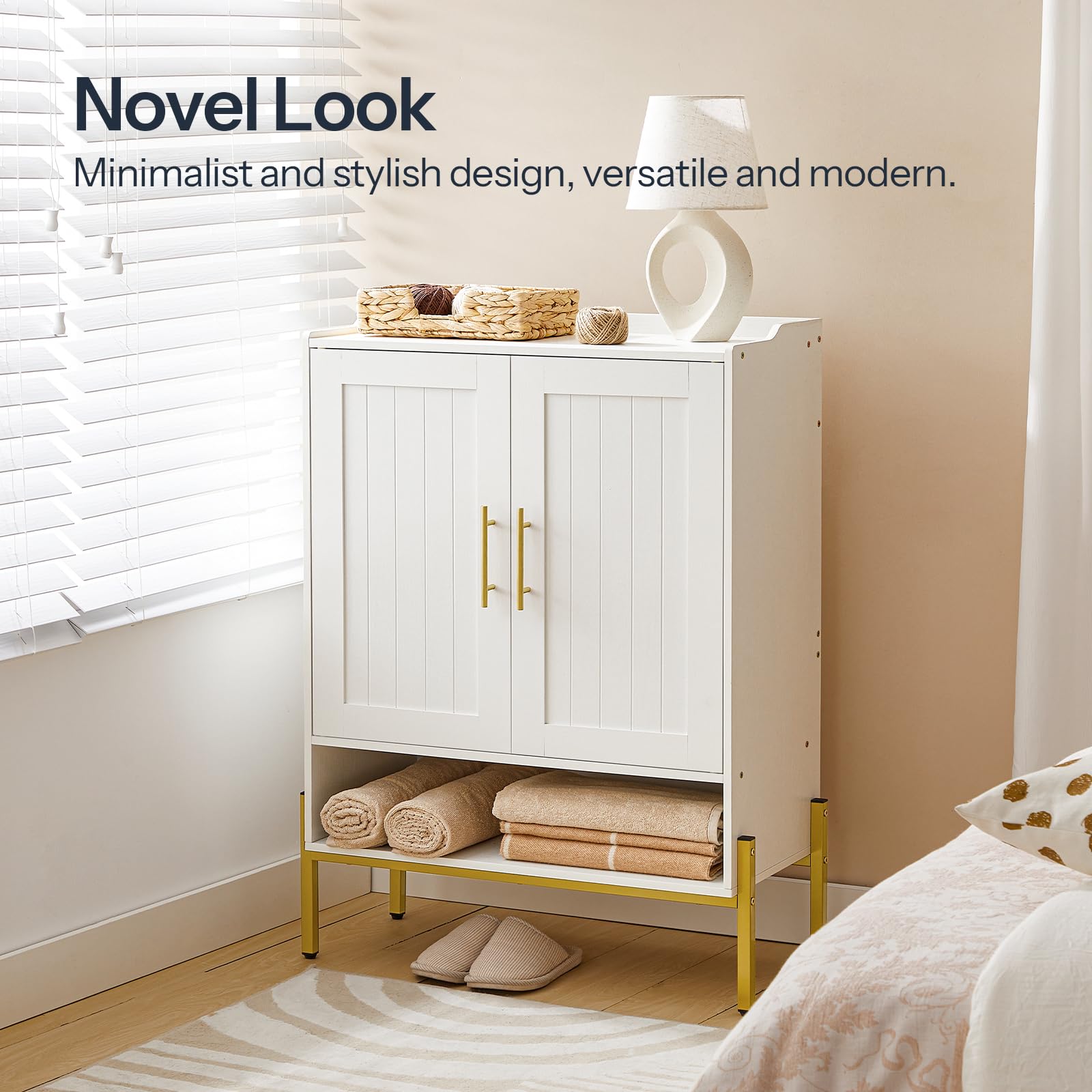 HOOBRO 5-Tier Wooden Shoe Cabinet with Doors - Freestanding Shoe Storage Organizer for Entryway & Hallway, 3 Adjustable Shelves, Gold & White (DW41SC01) - Perfect for Small Spaces, Apartment Living & Closet Organization