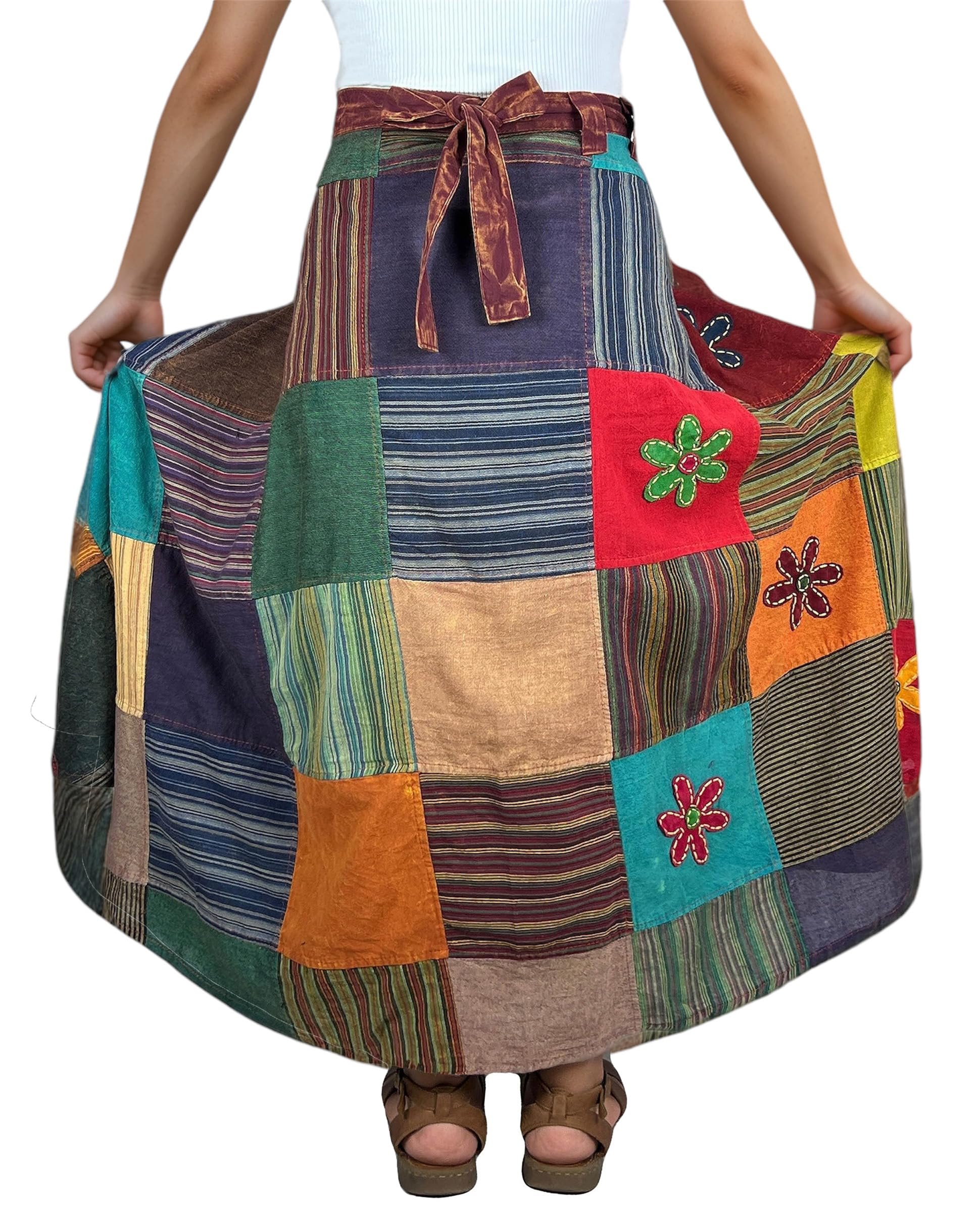 **Agan Traders Women's 2025 Spring & Fall Boho Maxi Skirt - High Waisted Long Skirt with Patchwork & Tie-Up Design, Bohemian Wrap Cover Up for Casual Outings, Beach Vacations & Festivals**