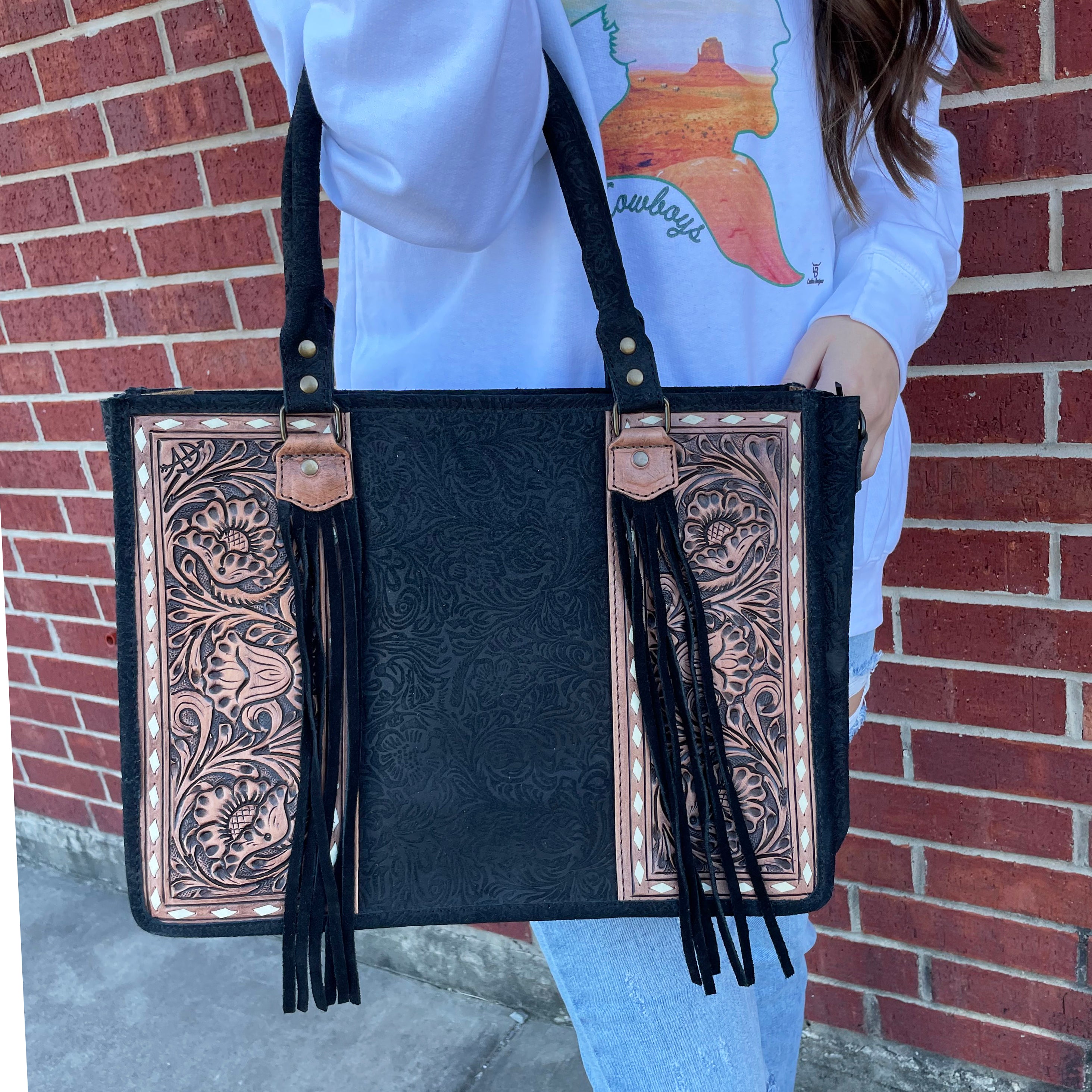 American Darling Genuine Leather Black Tooled Purse for Women - Vintage Western Handbag for Everyday Use, Work & Special Occasions