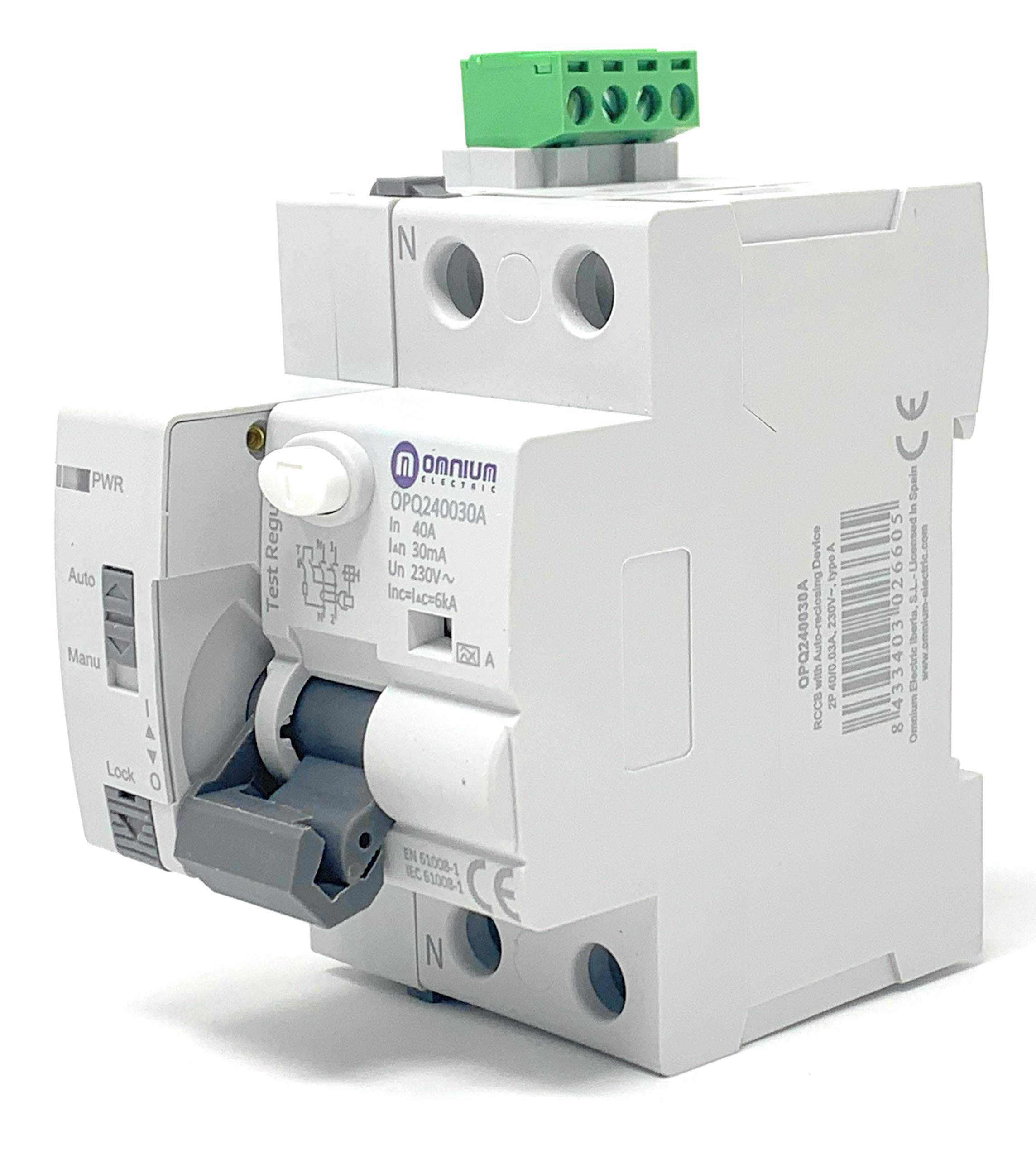 OMNIUM ELECTRIC - Auto-Resetting Differential Circuit Breaker 6kA, 2P - 40A, 30mA Class A Super-Immunized - Ideal for Home & Industrial Electrical Protection