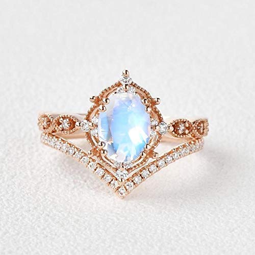 Vintage Moonstone Engagement Ring Set - Rose Gold Antique Art Deco Style with Milgrain Detailing - Oval Moonstone & Vine Design Wedding Jewelry - Perfect for Vintage Weddings, Anniversary Gifts & Special Occasions