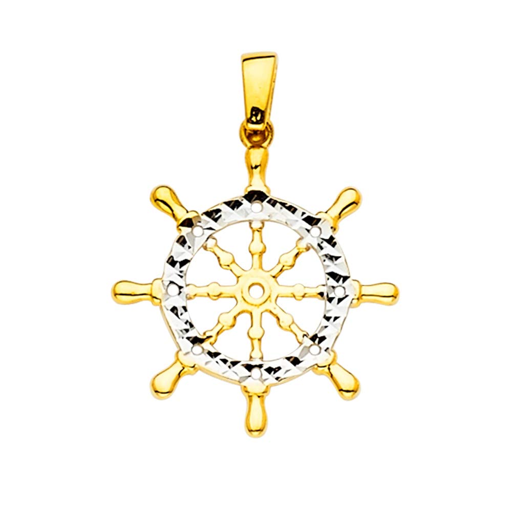 14K White Gold & Yellow Gold Boat Wheel Pendant Necklace 14x24mm - Elegant Nautical Jewelry Gift for Women - Perfect for Beach Weddings, Cruise Vacations & Summer Fashion
