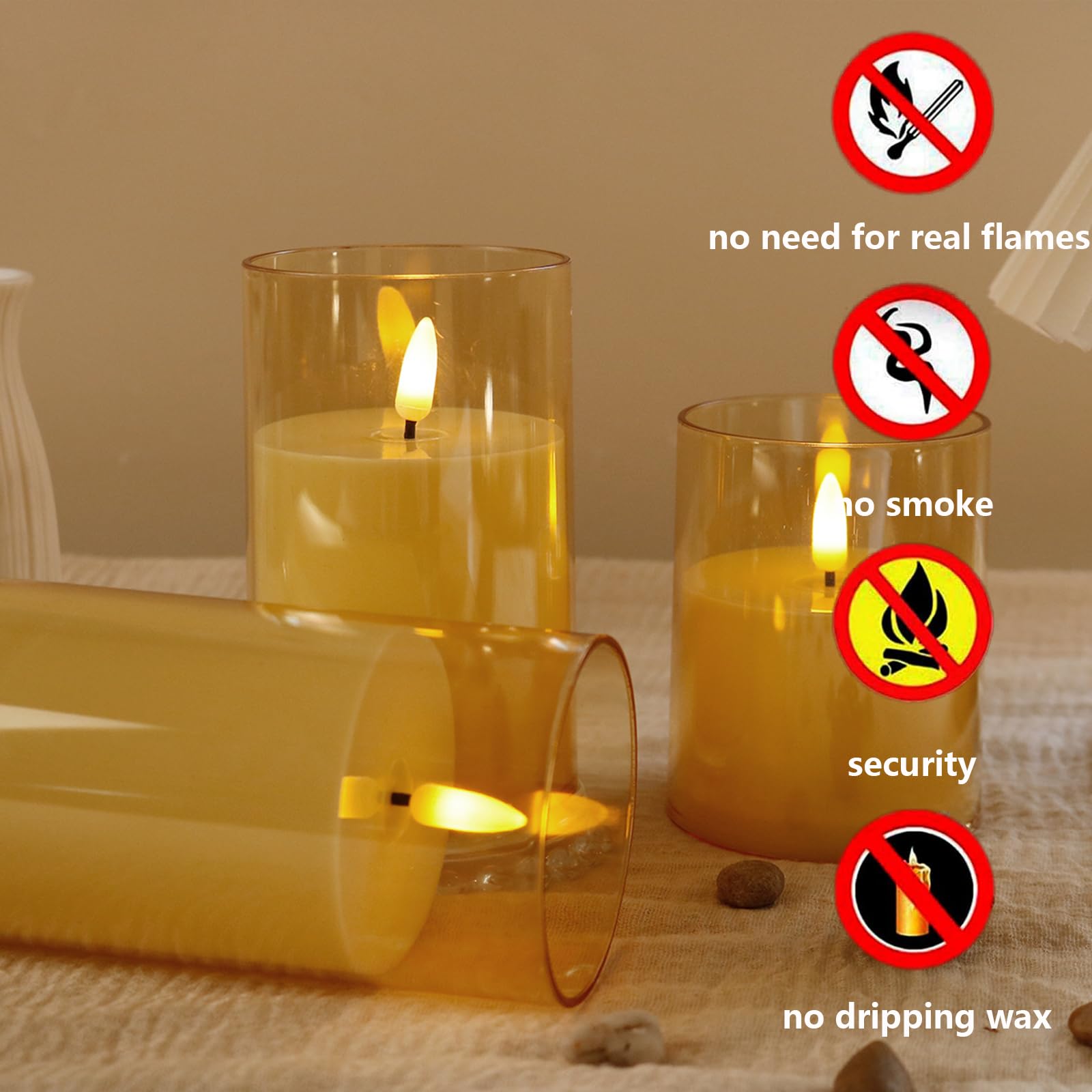 3 Pack Amber Flameless LED Candles - Battery Operated Clear Acrylic Pillar Candles with Remote & Timer for Wedding, Party, Birthday Decorations - Perfect for Home, Hotel, Restaurant & Romantic Ambiance