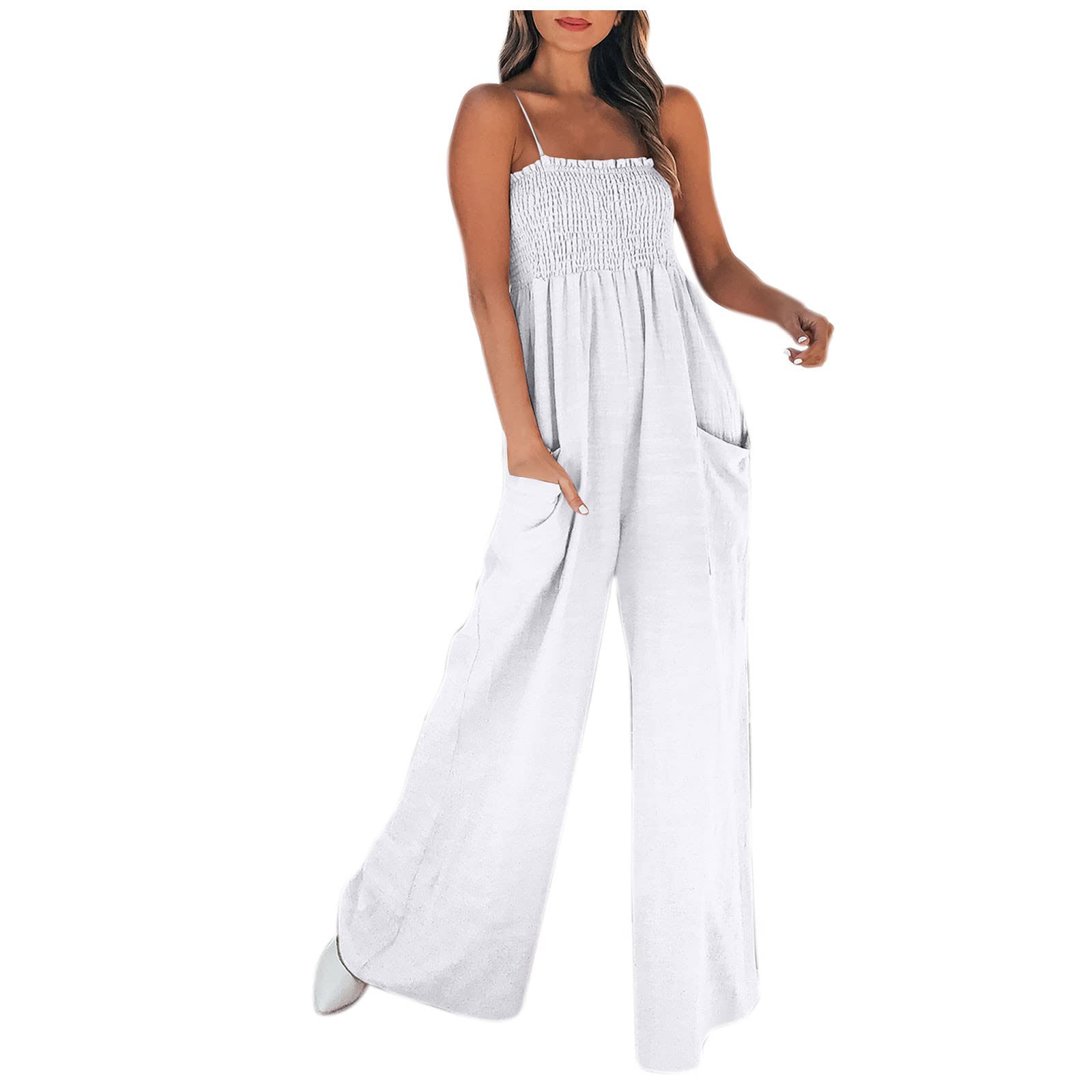 Women's Strap Maxi Jumpsuit - Flowy Frill Smocked High Waist Romper with Pockets | Casual Wide Leg Jumpsuit for Summer, Beach, Travel & Everyday Wear