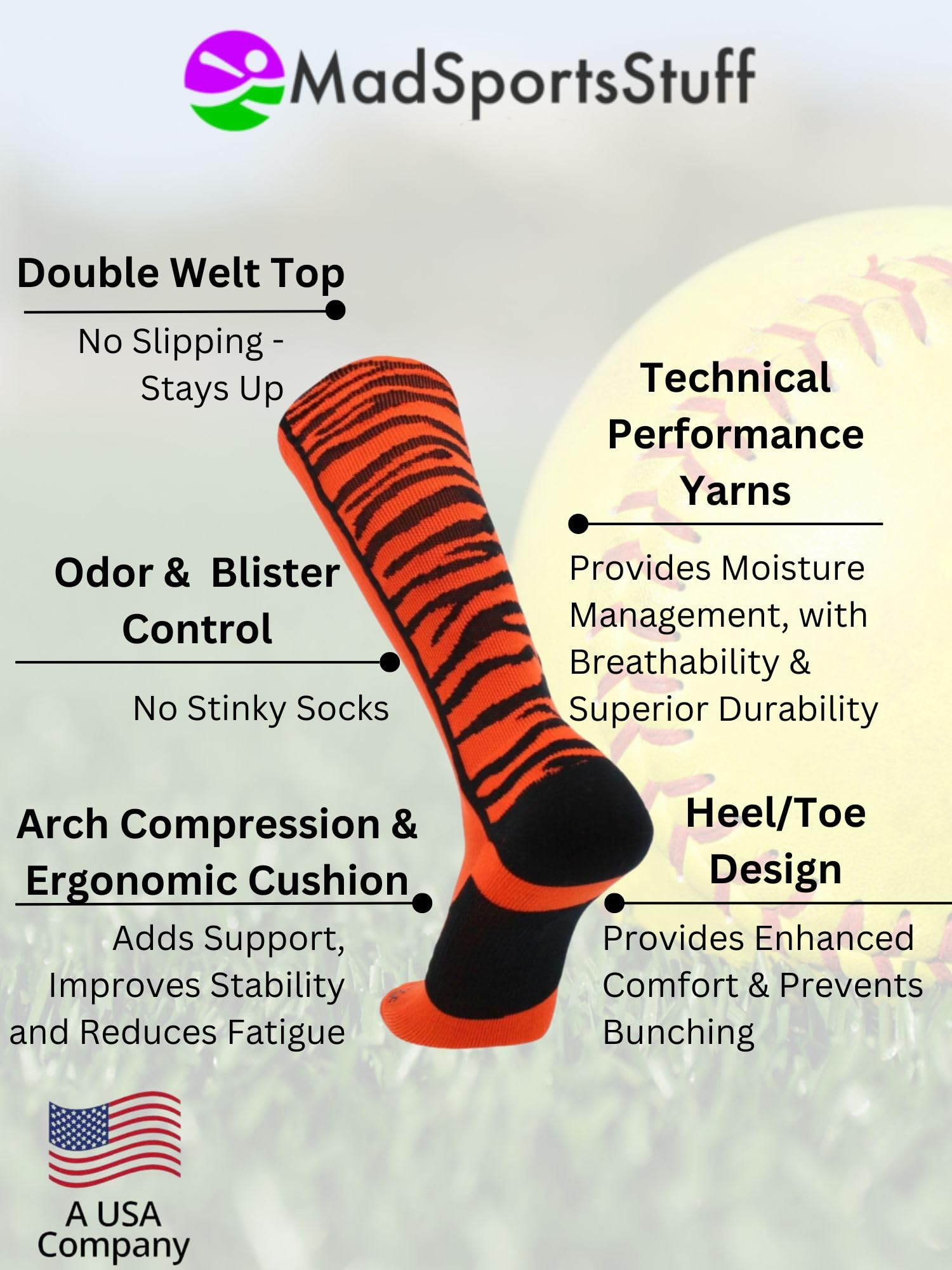 MadSportsStuff Crazy Socks - Safari Tiger Stripes Athletic Socks for Baseball, Softball Players - Unisex Design for Men, Women, Youth & Kids - Over-the-Calf Comfort Socks - Perfect for Sports, Gifts & Casual Wear