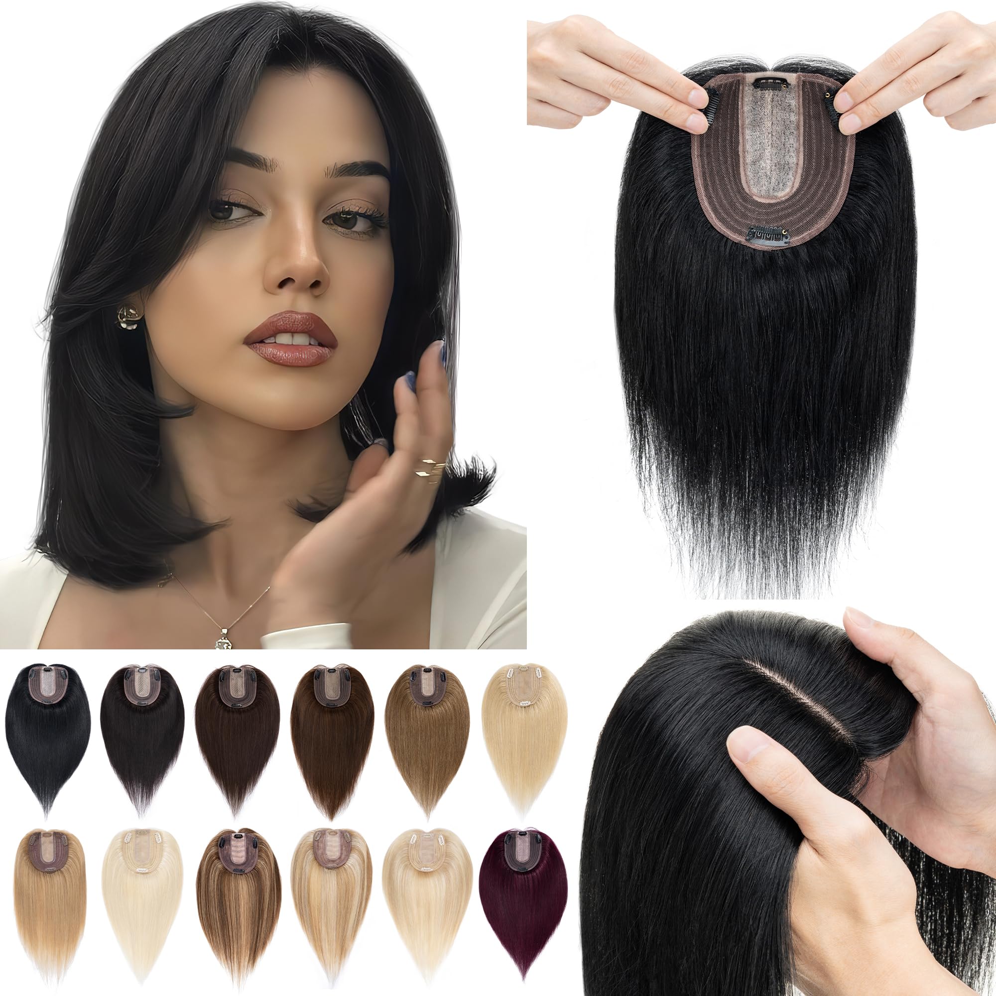 SEGO Real Human Hair Toppers for Women - No Bangs, 130% Density, 10x12cm Silk Base, 100% Remy Human Hair Clip-in Top Wiglet for Thinning Hair (12 Inch, Jet Black) - Perfect for Daily Wear, Special Occasions & Hair Loss Solutions