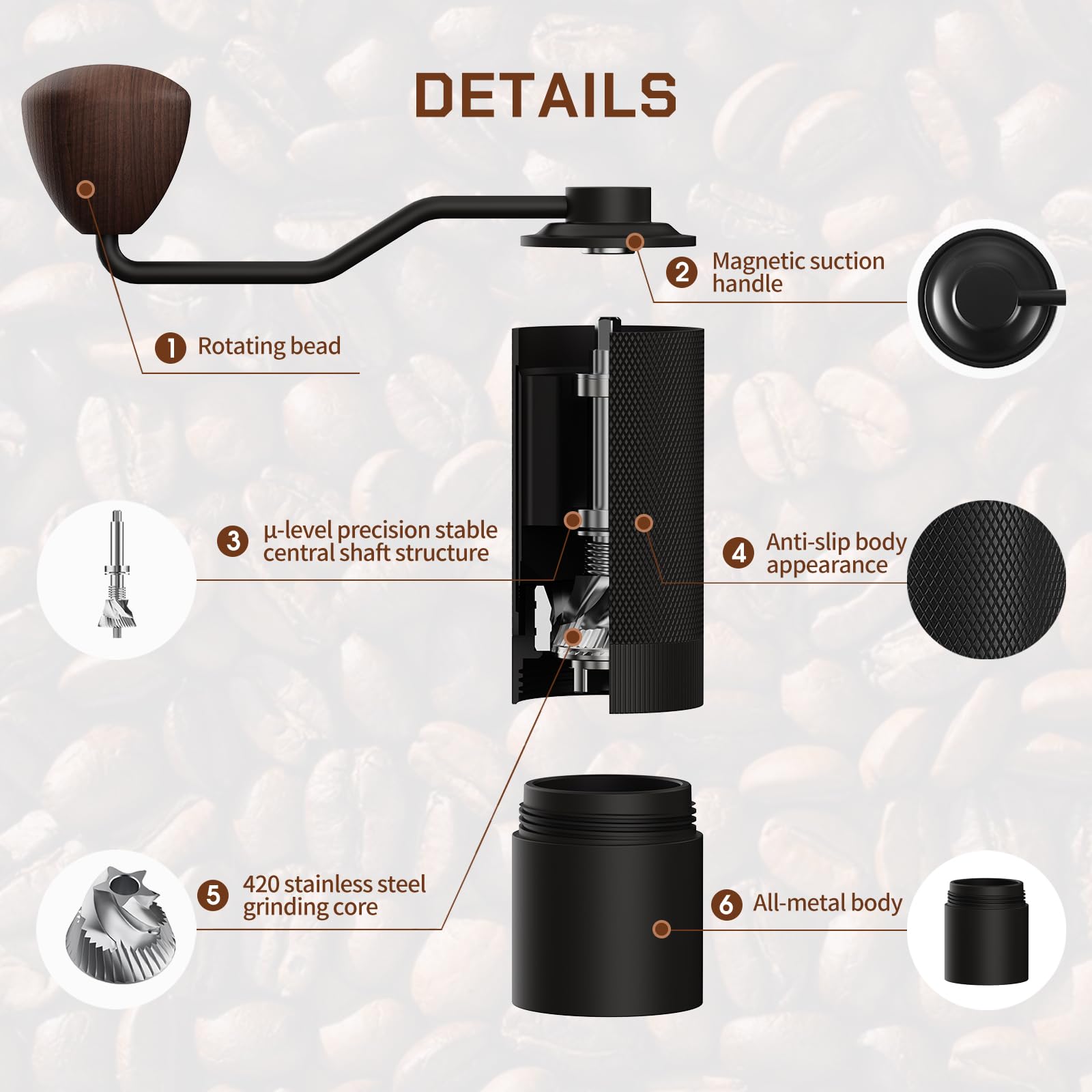 Premium MAVO Manual Coffee Grinder - 25g Capacity with 2 CNC Stainless Steel Conical Burrs (Pentagon & Hexagonal) | Perfect for French Press, Pour Over, Espresso & Travel | Portable Hand Crank Coffee Bean Grinder - Black