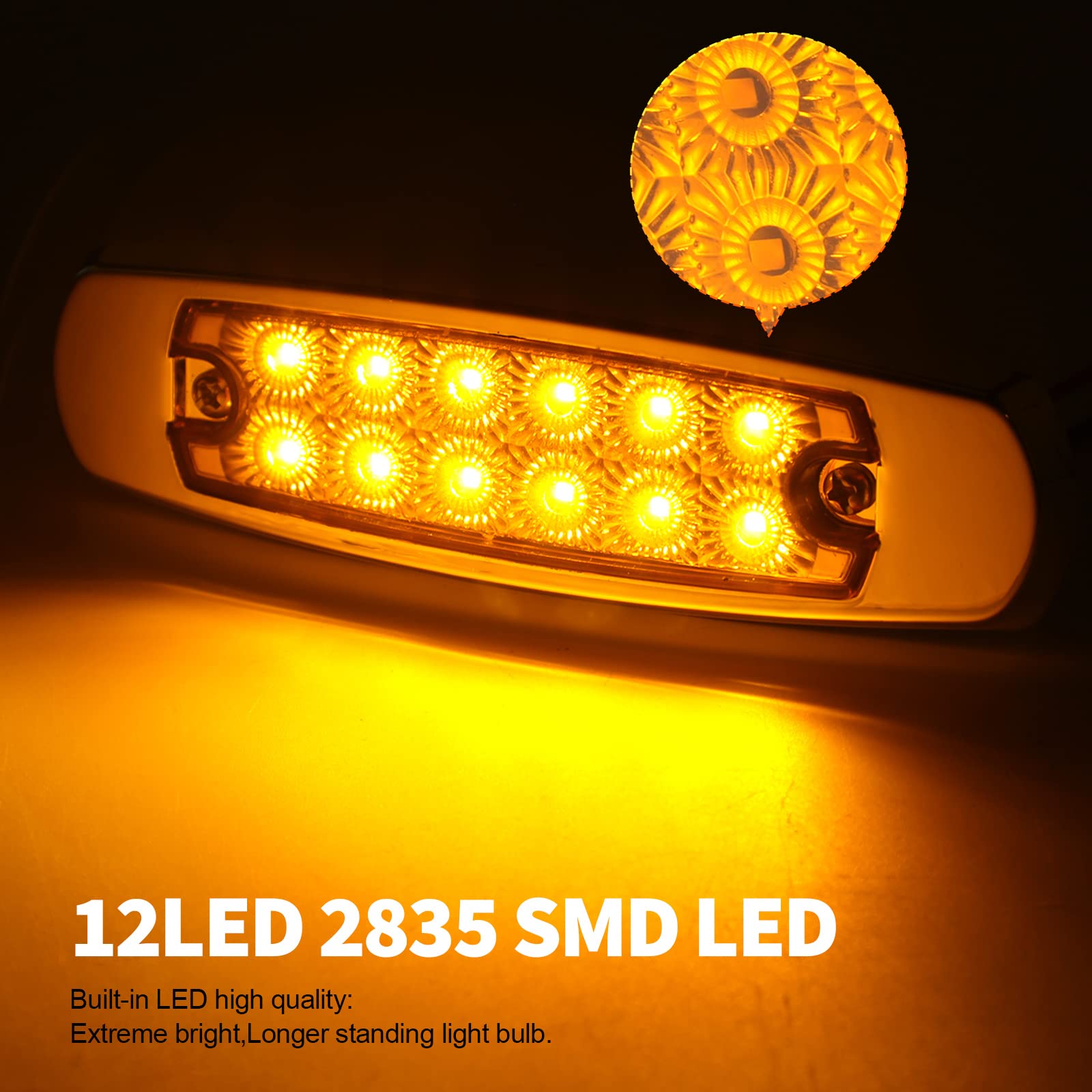 30 Pcs Amber LED Side Marker Clearance Lights - 6.4 Inch Truck Trailer Lights with 12 Diodes - Waterproof Turn Signal Indicators for Pickup, Tractor, Van, RV & Camper - Perfect for Night Driving & Road Safety
