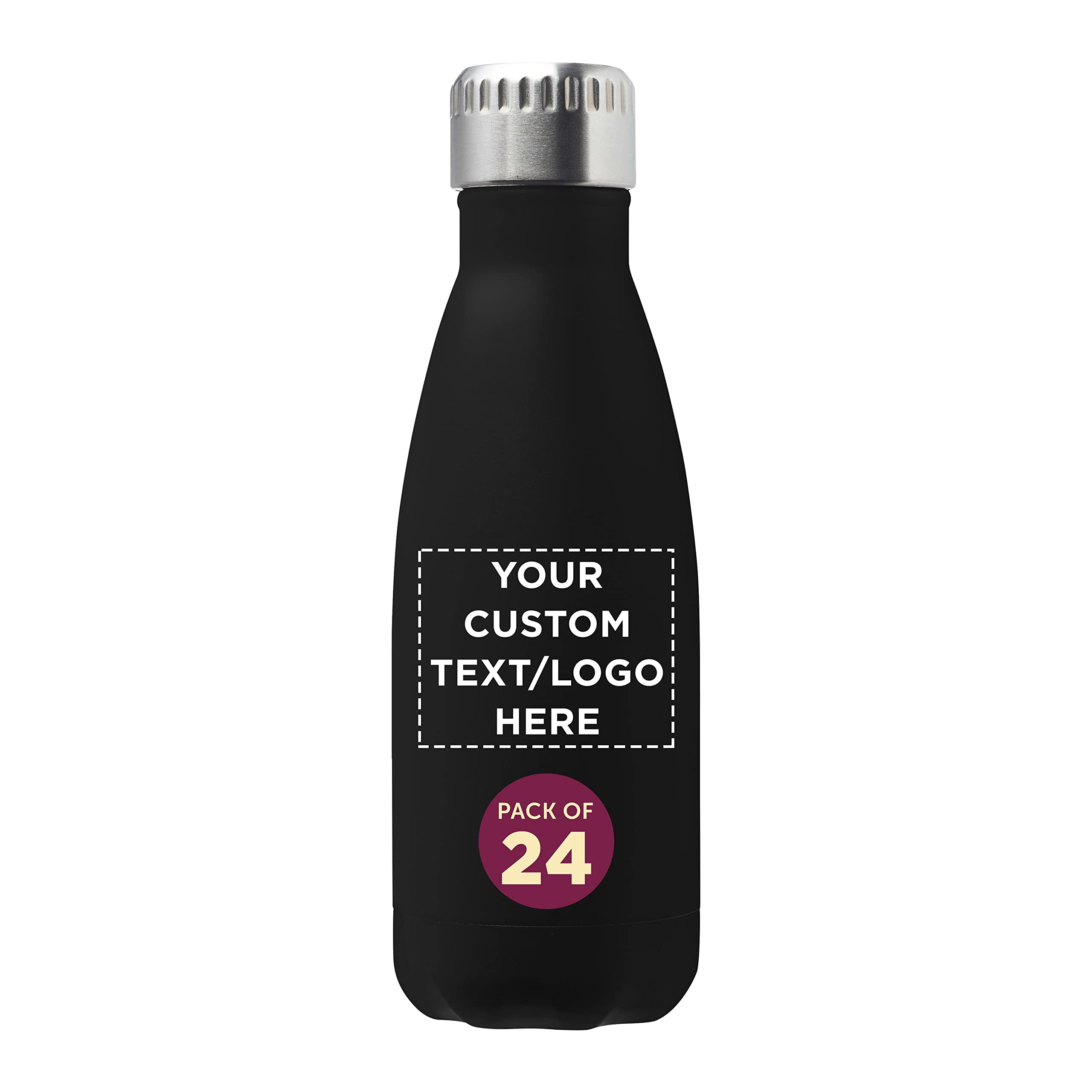 24 Pack 14oz Stainless Steel Cola Bottle Shaped Water Bottles - Double Wall Vacuum Insulated, Leak Proof Lid, BPA Free, Custom Text/Logo - Perfect for Office, Gym, Travel & Outdoor Activities (Black)