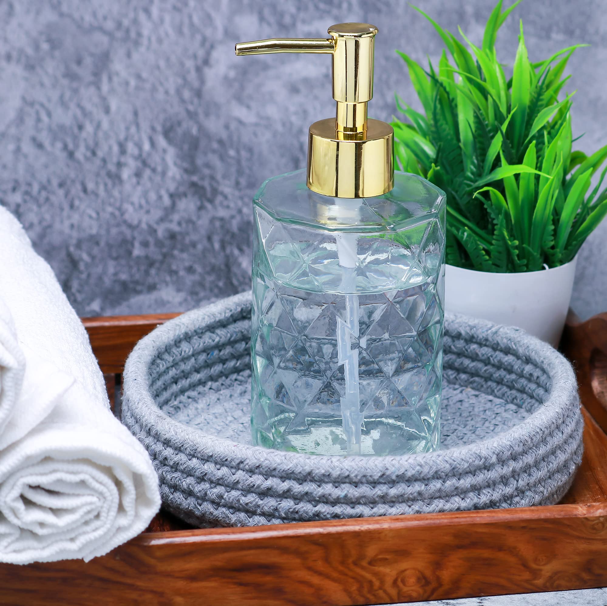 12 Oz Glass Soap Dispenser for Kitchen & Bathroom - Rustproof Pump, Crystal Clear Refillable Liquid Lotion Dispenser with Diamond Design - Perfect for Hand Soap, Dish Soap, and Lotion in Home & Office
