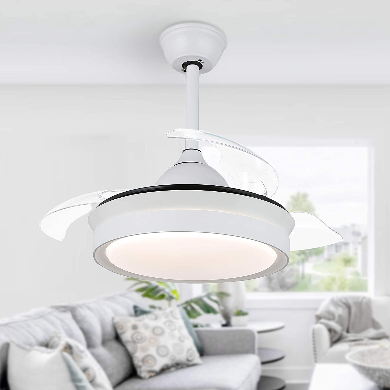 FebFurniture 42 Inch Ceiling Fan with Light and Remote Control - Retractable Chandelier Fan Lighting, CCT Dimmable, White - Perfect for Living Room, Bedroom, and Outdoor Patio