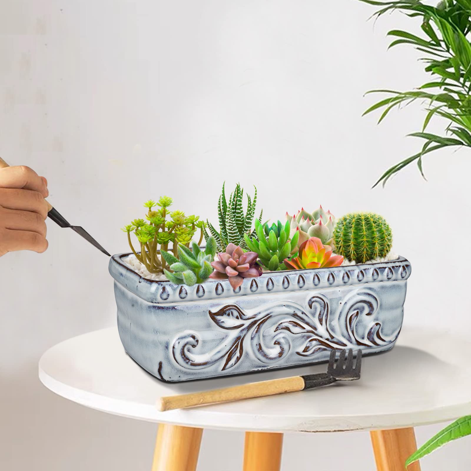 10 Inch Rectangular Ceramic Succulent Planter with Drainage Hole - Square Flower Pot for Indoor/Outdoor Plants, Bonsai & Home Decor - Perfect for Windowsills, Desks, Patios and Garden Decor