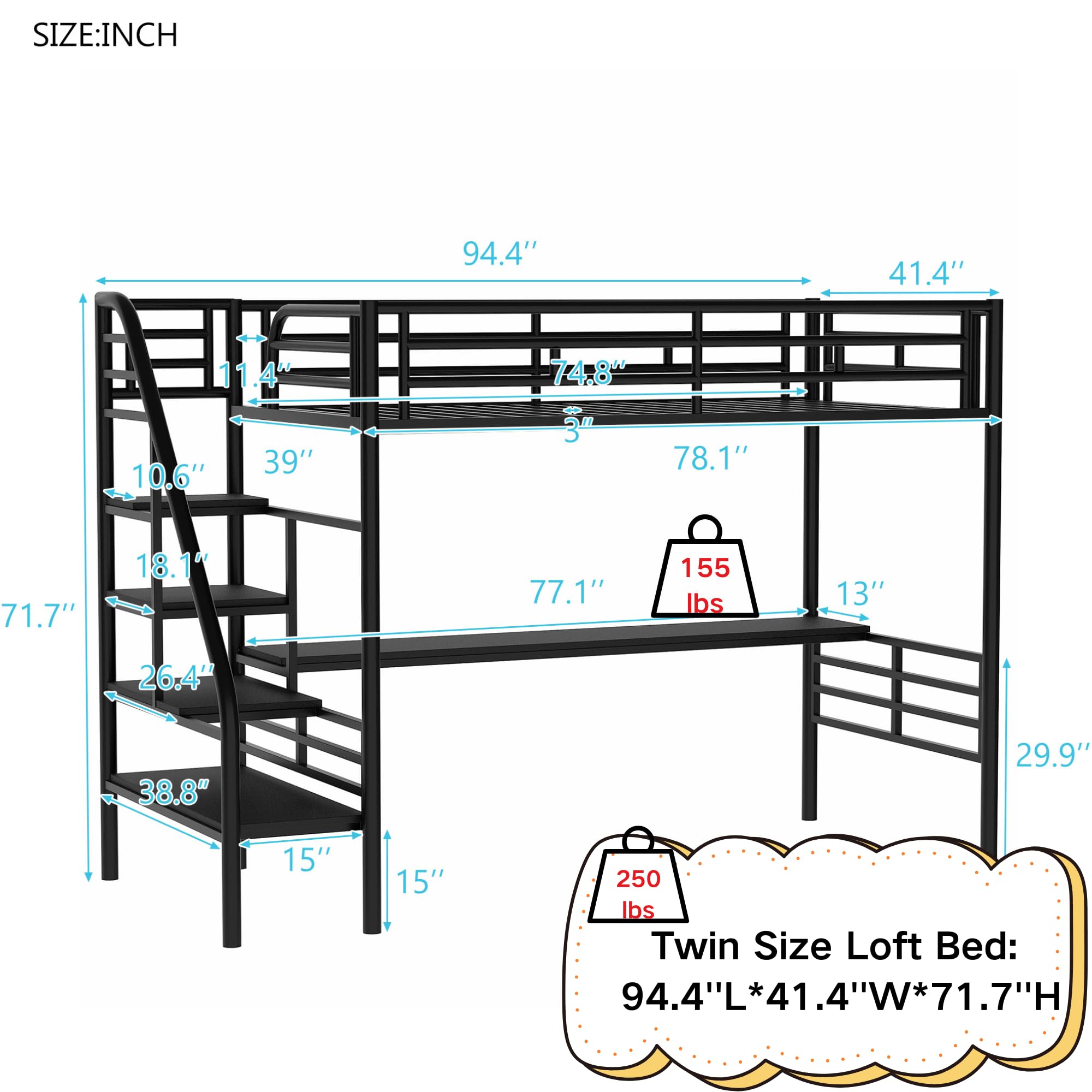 SOFTSEA Twin Size High Metal Loft Bed with Built-in Desk and Stairs - Space Saving Study Bed for Small Rooms, Dorm & Apartment - No Box Spring Needed - Sturdy Steel Frame for Teens & Adults