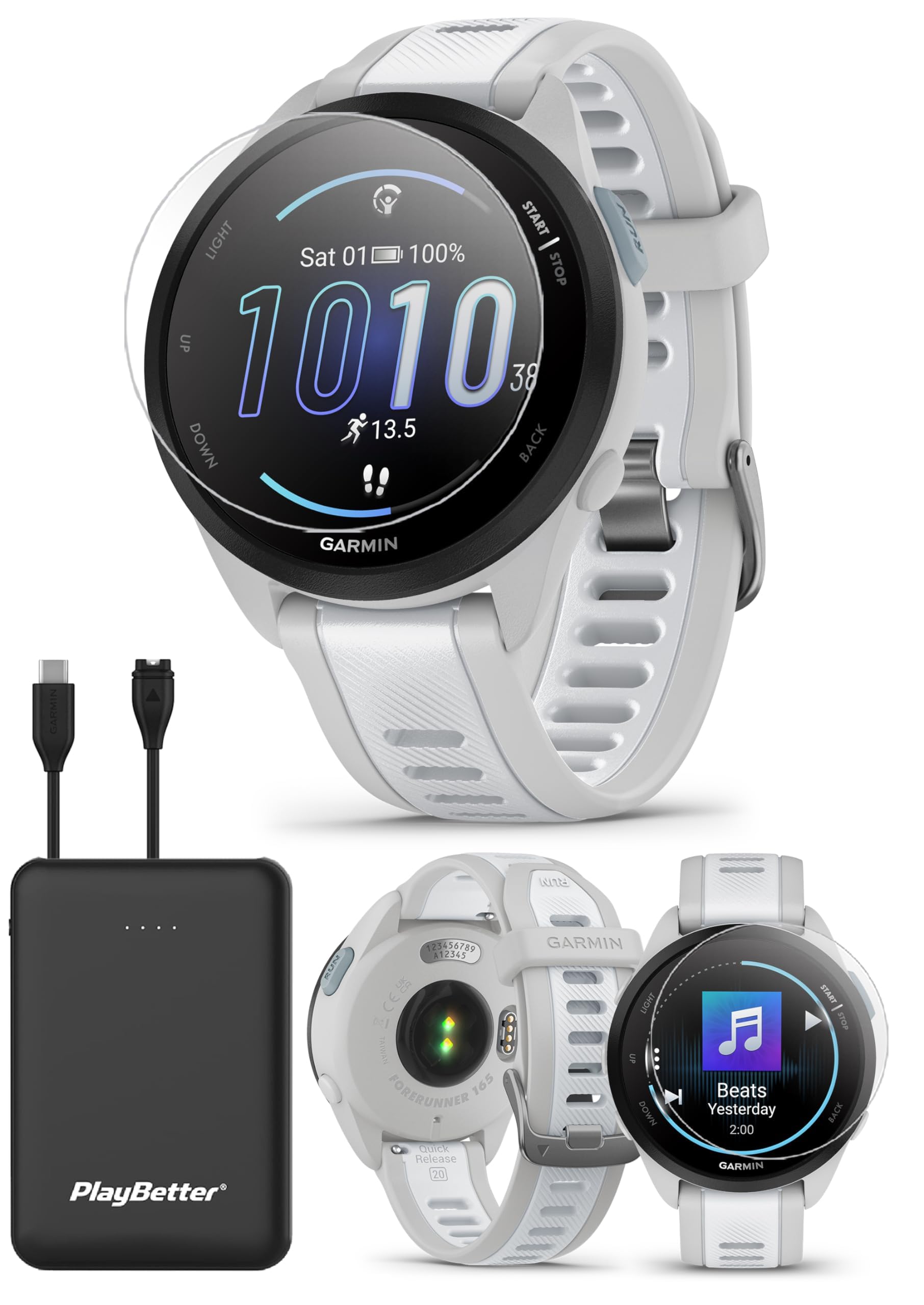 PlayBetter Garmin Forerunner 165 Music (Mist Gray/Whitestone) GPS Running Smartwatch Bundle - AMOLED Touchscreen, 11-Day Battery, Training & Recovery Metrics - Includes Screen Protectors & Portable Charger - Perfect for Runners, Athletes & Fitness Enthusiasts