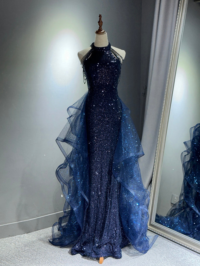 Elegant Dark Blue A-Line Tulle Sequin Long Prom Dress - Formal Evening Gown for Homecoming, Ball, and Special Occasions