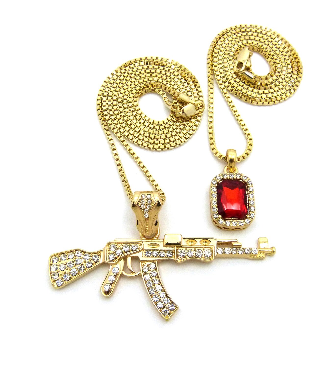 24K Gold Plated AK47 Machine Gun Pendant Necklace Set with Iced Out Gemstones - 24
