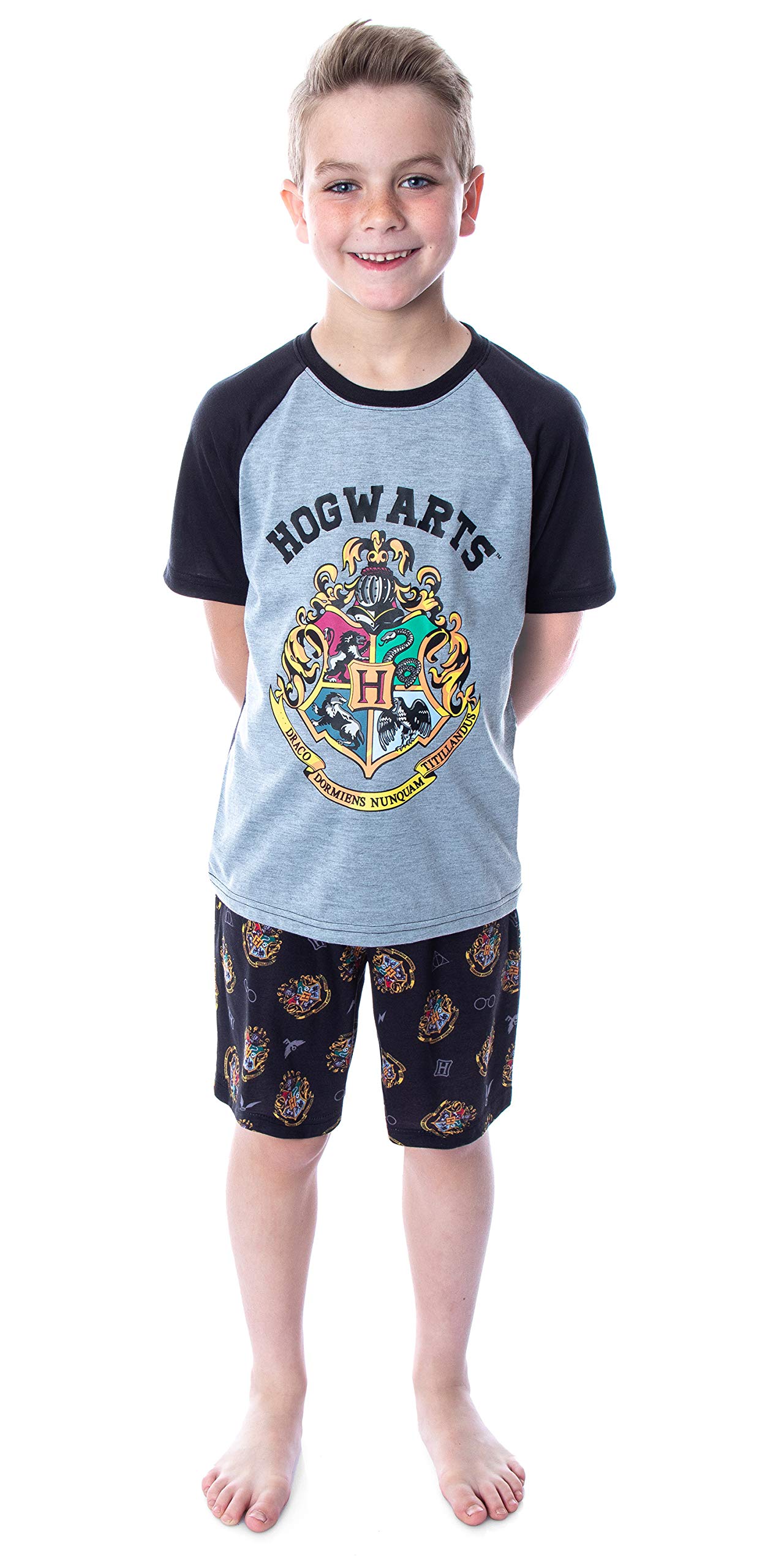Harry Potter Boys' Pajama Set - Hogwarts Castle Crest Logo Raglan Shirt & Shorts 2-Piece Sleepwear | Comfortable Kids' PJs for Bedtime, Movie Nights & Harry Potter Themed Parties