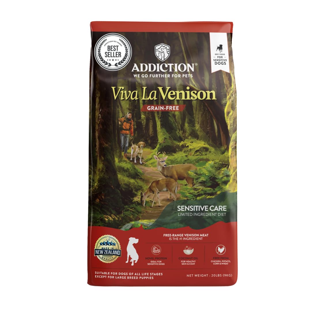 Addiction Viva La Venison Premium Grain-Free Dry Dog Food - Single Protein & Novel Meat with Probiotics - No Chicken, Beef, or Turkey - Ideal for All Dogs & Puppies - 20lb Bag for Sensitive Stomach & Allergy Relief - Perfect for Indoor & Outdoor Active Dogs