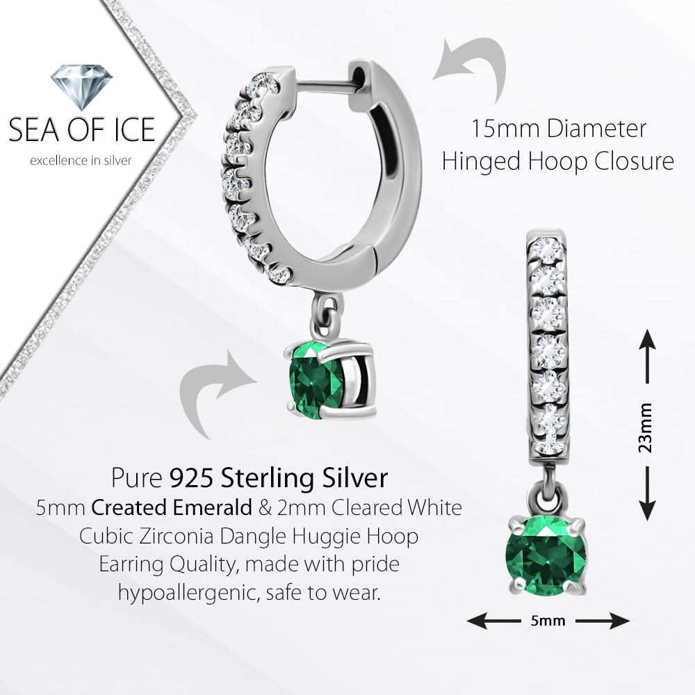 925 Sterling Silver Gemstone Birthstone Dangle Huggie Hoop Earrings for Women - 15mm Mini Hoop Earrings with White CZ Stones - Lightweight & Comfortable Everyday Jewelry - Perfect for Gifts, Birthdays & Special Occasions