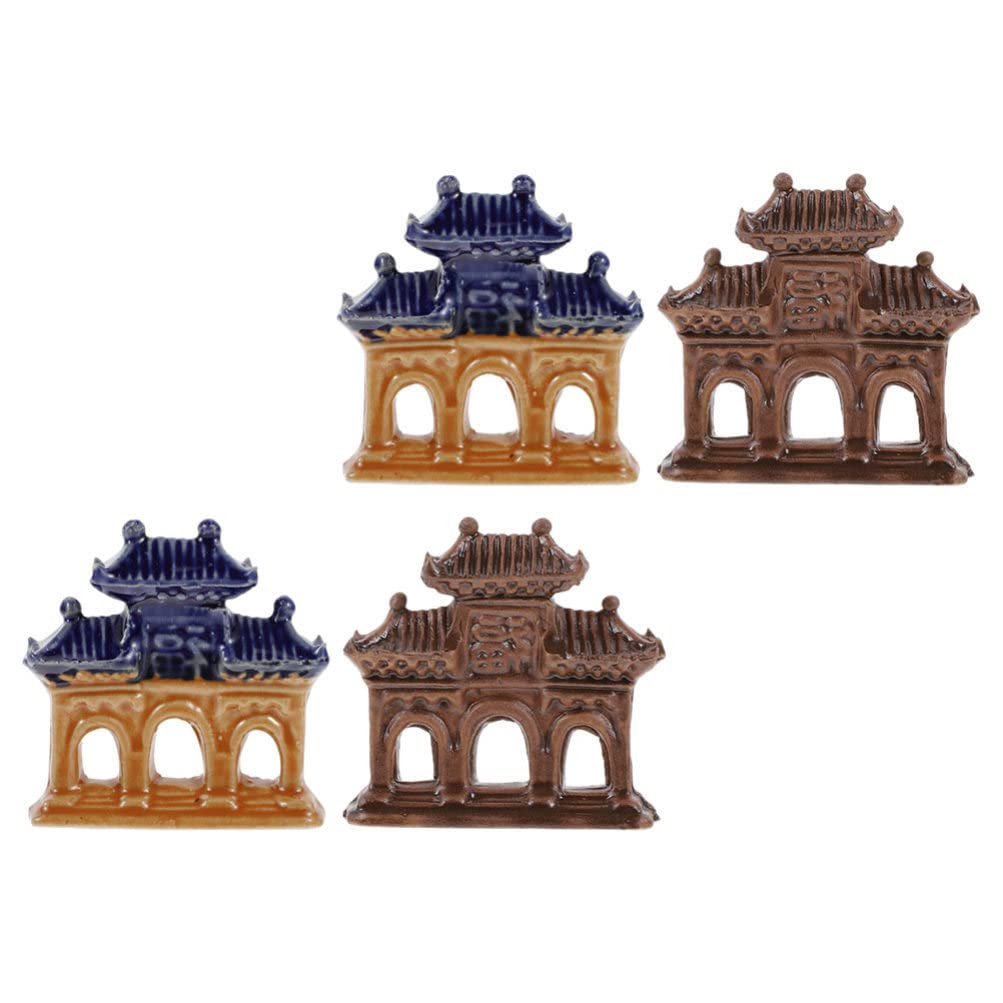Vintage Ceramic Pavilions Aquarium Decor - 4Pcs Weighted Fish Tank Ornaments with Human Landscape Design for Desktop & Aquarium Decoration | Perfect for Betta Fish Tanks, Home Office Decor & Aquatic Displays