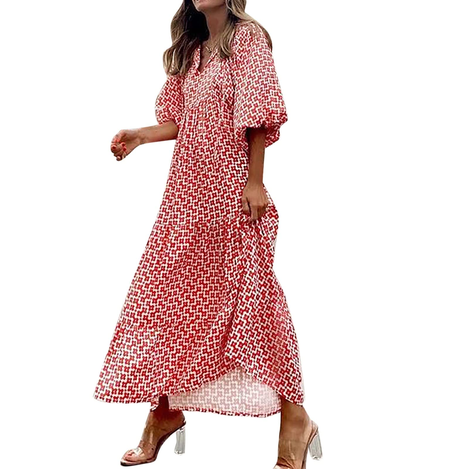 Bohemian Floral Maxi Dress for Women - Casual Loose Round Neck Short Sleeve Summer Beach Dress with Button Up - Plus Size Available - Perfect for Beach Vacations, Music Festivals & Boho Chic Outfits