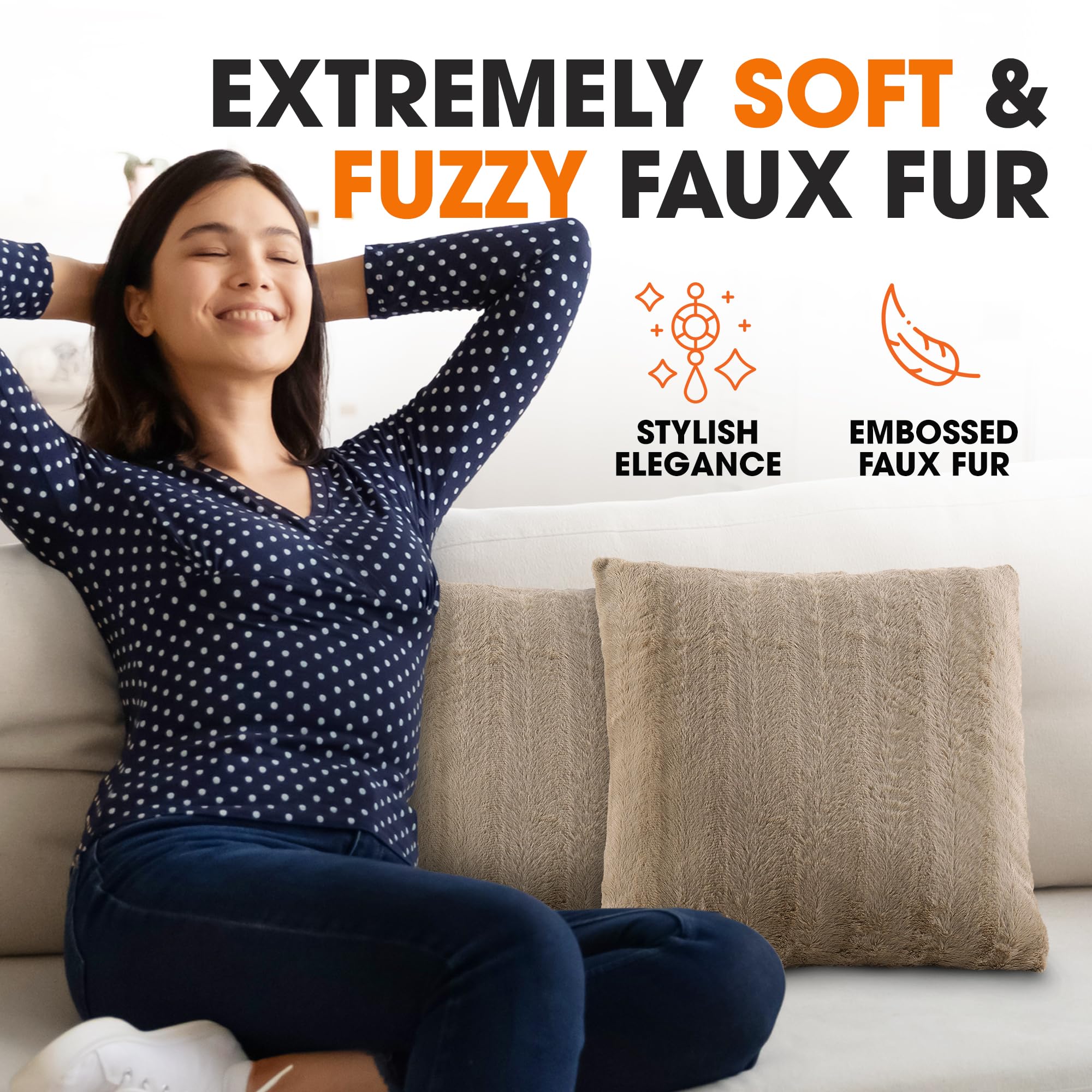 Cheer Collection Faux Fur Throw Pillows - Soft Decorative Couch & Bed Pillows, 24x24 Inch Sand Accent Pillow Set of 2 for Cozy Bedroom & Living Room Decor - Perfect for Reading Nooks, Sofa Styling & Home Aesthetics