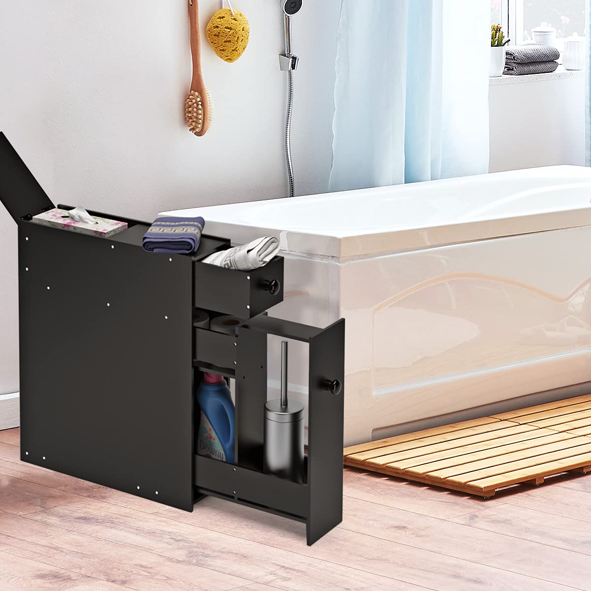 Slim Bathroom Storage Cabinet - Narrow Toilet Paper & Essentials Organizer for Small Spaces, Modern Bathroom Counter Cabinet & Nightstand for Bedroom, Living Room, Office - Space-Saving Storage Solution (Black) | Perfect for Apartments, Dorms & Compact Bathrooms