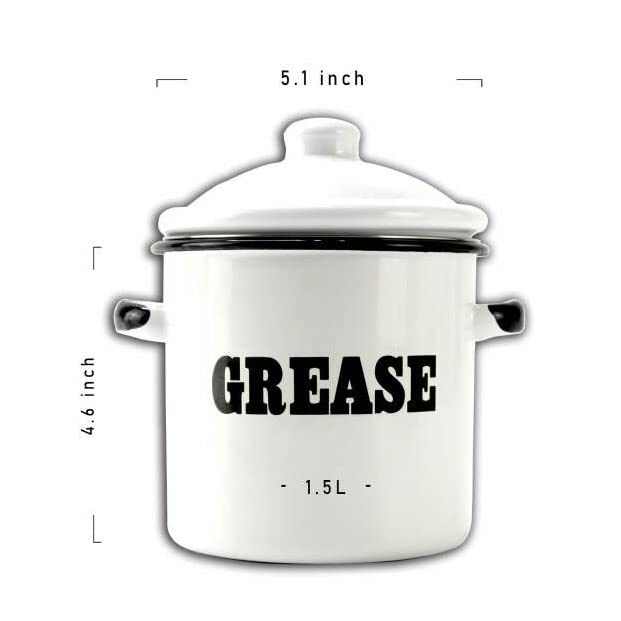 1.5L White Enamel Bacon Grease Container with Strainer - Farmhouse Kitchen Oil Storage Jar - Perfect for Collecting & Storing Cooking Oil, Bacon Drippings - Ideal for Farmhouse Decor & Home Cooking