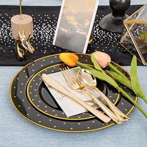DaYammi 200-Piece Black and Gold Disposable Plastic Party Plates Set - Includes 40 Dinner Plates, 40 Dessert Plates, 40 Forks, 40 Knives & 40 Spoons - Elegant Tableware for Weddings, Birthdays, Anniversaries & Special Events