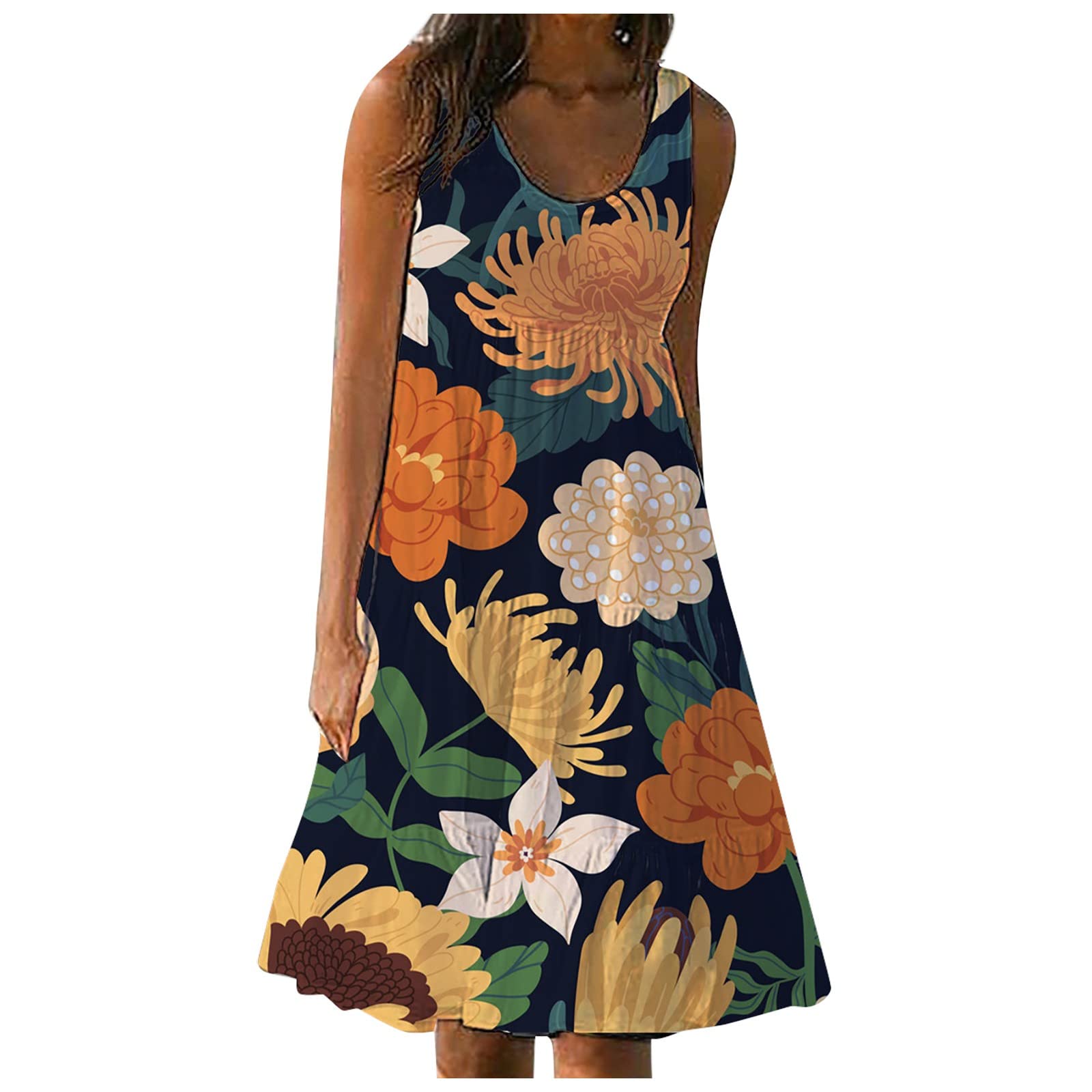 Women's Floral Print Summer Dress - Cute Sleeveless Beach Dress with Round Neck | Perfect for Vacation, Pool Party & Casual Outings