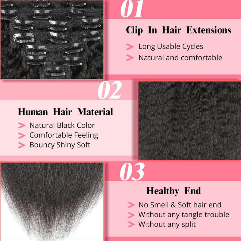 Eullair Kinky Straight Clip-in Hair Extensions - 100% Remy Human Hair, 8PCS Set with 20 Clips, Double Weft 120g for Black Women - Perfect for Styling, Parties & Everyday Wear