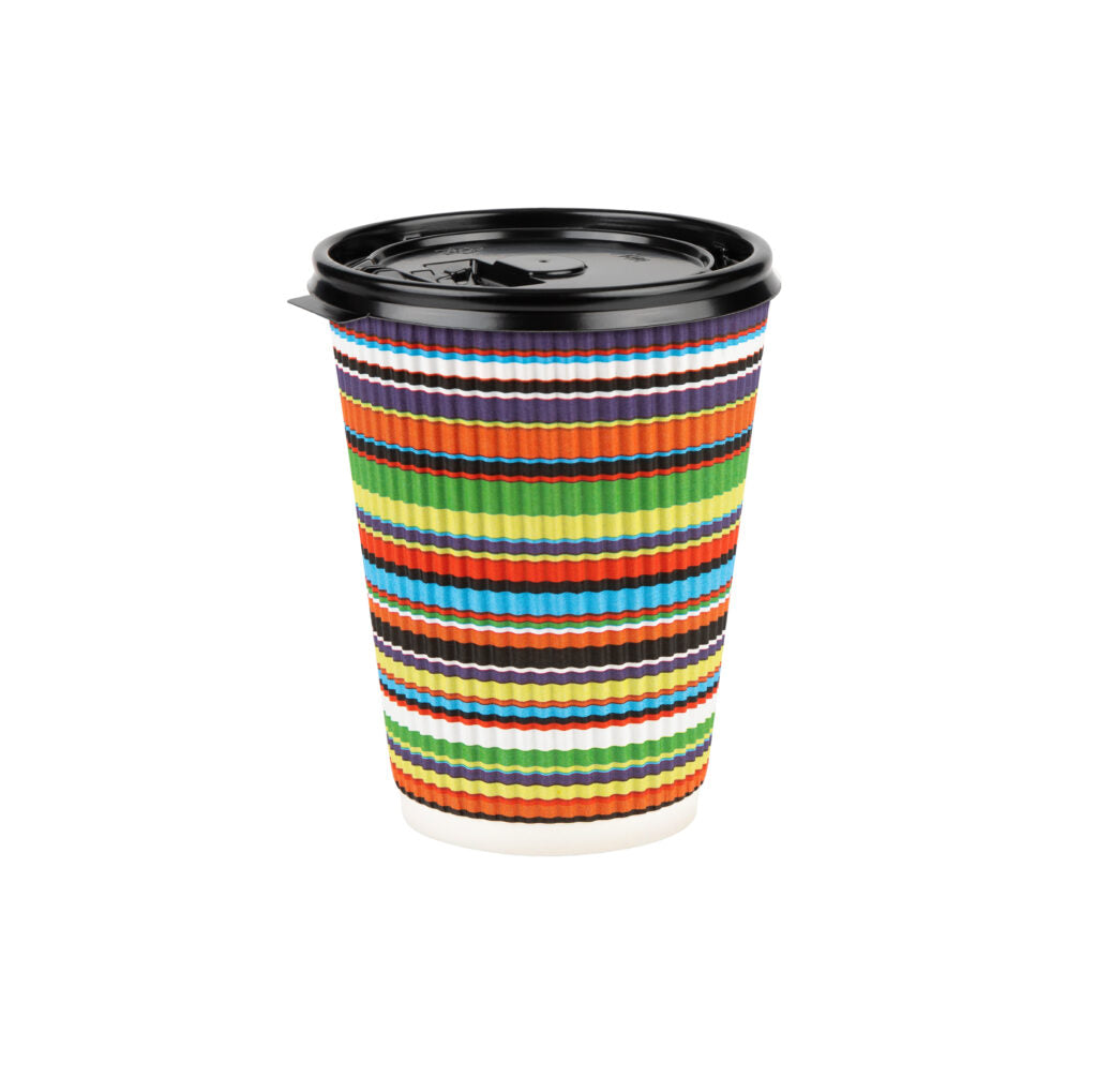 Eco-Friendly Insulated Ripple Color Striped Paper Coffee Cups with Lids - 12oz/16oz Hot & Cold Drink Containers for Office, Cafes, and Home Use
