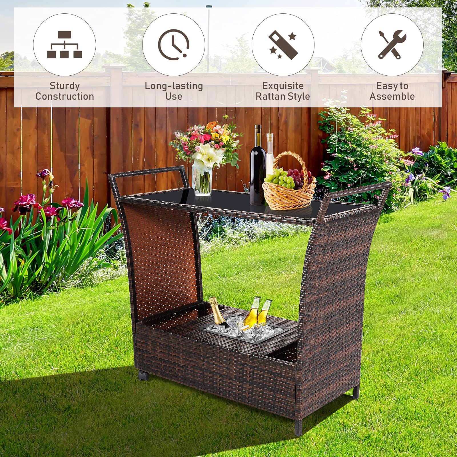 RELAX4LIFE Outdoor Wicker Bar Cart with Removable Ice Bucket & Glass Top - Patio Serving Table with Wheels & Storage Compartments - Rattan Rolling Trolley for Pool, Backyard, Porch, Garden Parties & Outdoor Entertaining - Brown