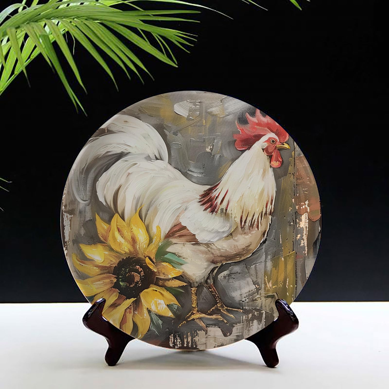 Farmhouse Sunflower Rooster Decorative Wall Plate - 10 Inch Porcelain Hanging Art with Display Stand for Kitchen, Dining Room & Country Home Decor