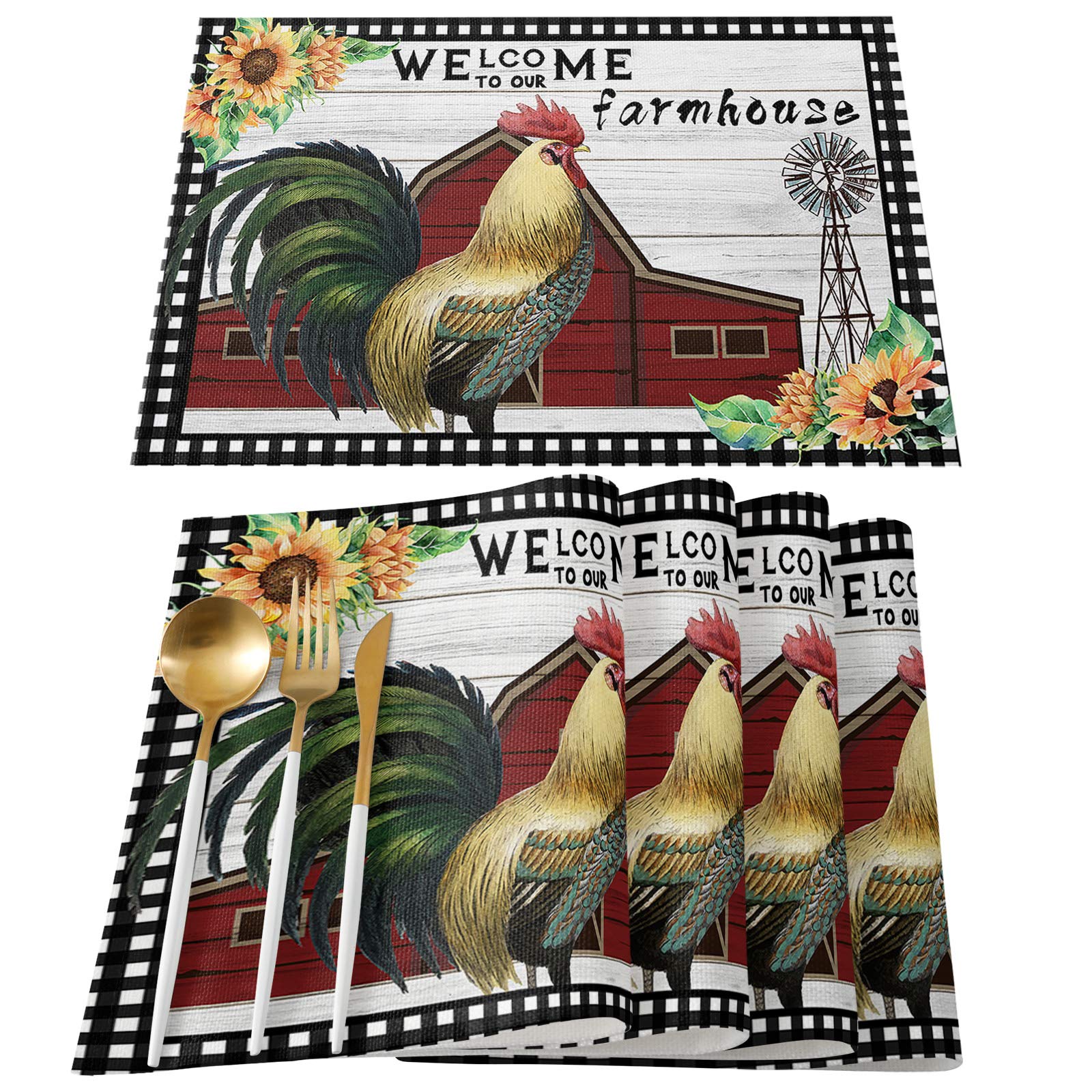 Farmhouse Style Washable Placemats Set of 6 - Rooster Welcome Design, Black White Plaid Wooden Stripes, 13
