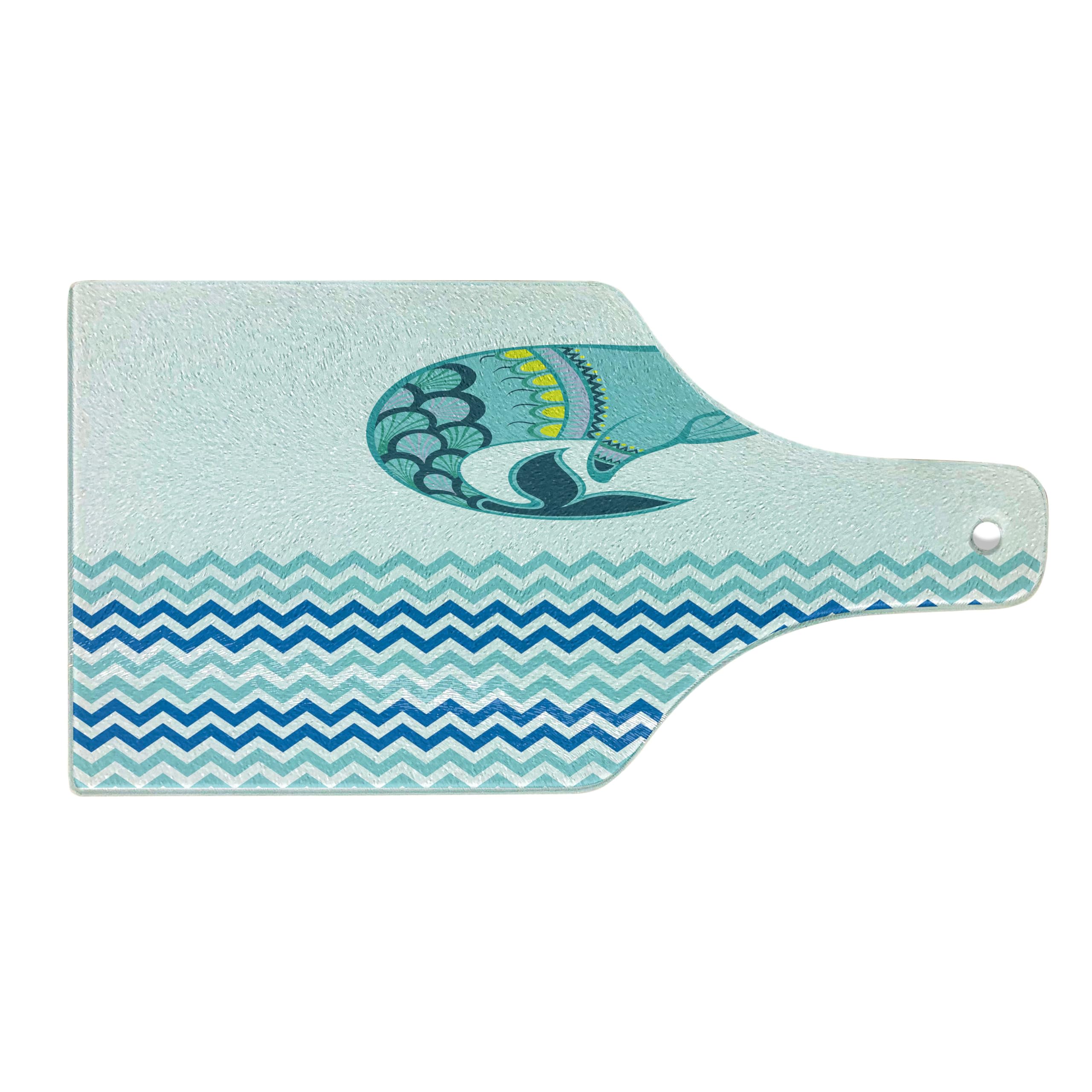 Ambesonne Whale Tempered Glass Cutting Board - Ocean Wave Artwork with Zig Zag Pattern, Decorative Serving Board for Kitchen, Wine Bottle Shape in Blue and White - Perfect for Entertaining, Charcuterie, and Gift Giving