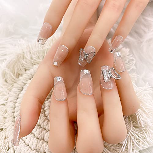 LUXNARY 10Pcs Reusable Press on Nails - Medium Coffin French Tip False Nails with Bling, Handmade by Professionals | Perfect for Bridal, Summer & Everyday Wear (Size S, Butterfly Design)
