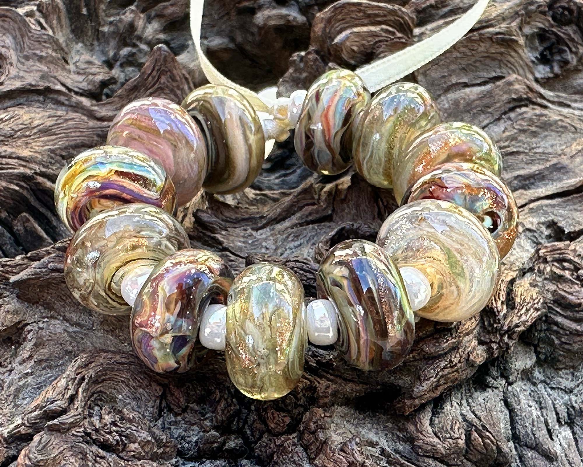 12 Multicolor Brown Golden Swirl Lampwork Glass Beads Set for Jewelry Making - DIY Bracelets, Necklaces & Craft Projects (SRA)
