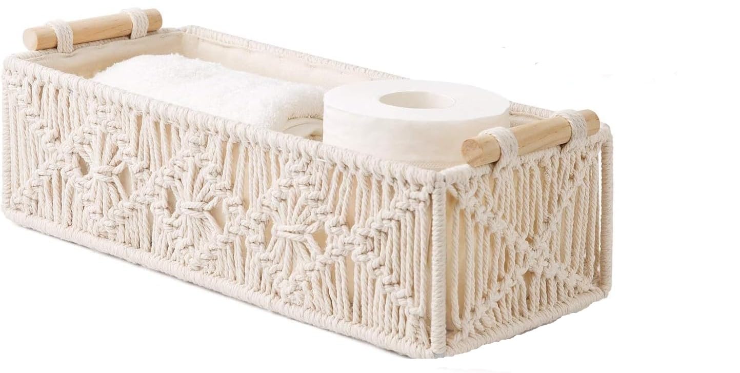 Macrame Storage Basket - Handwoven Boho Decor Basket for Bathroom, Nursery & Home Organization | Countertop Toilet Paper Holder, Toilet Tank Shelf Basket with Handle | Perfect for Farmhouse, Bohemian & Minimalist Decor Styles