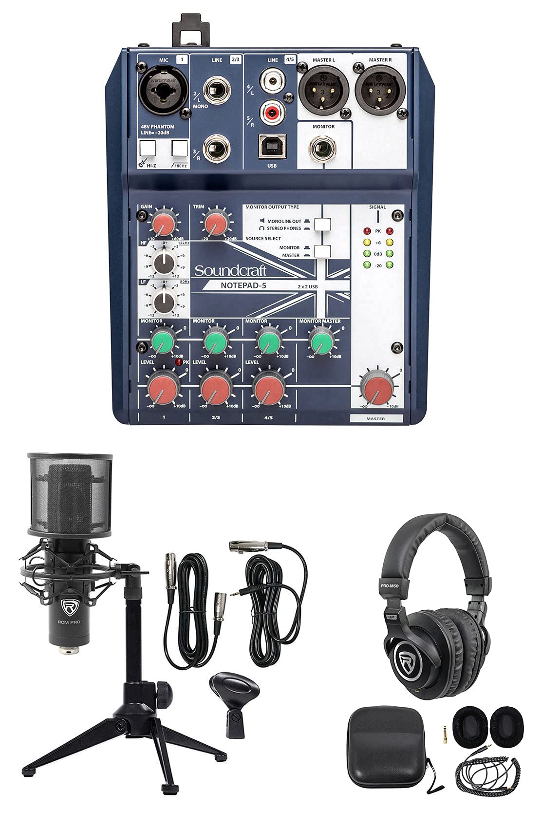 Professional Podcast Recording Bundle - Soundcraft Mixer, Studio Headphones, Pro Mic & Tripod Stand for Home Studio & Live Streaming