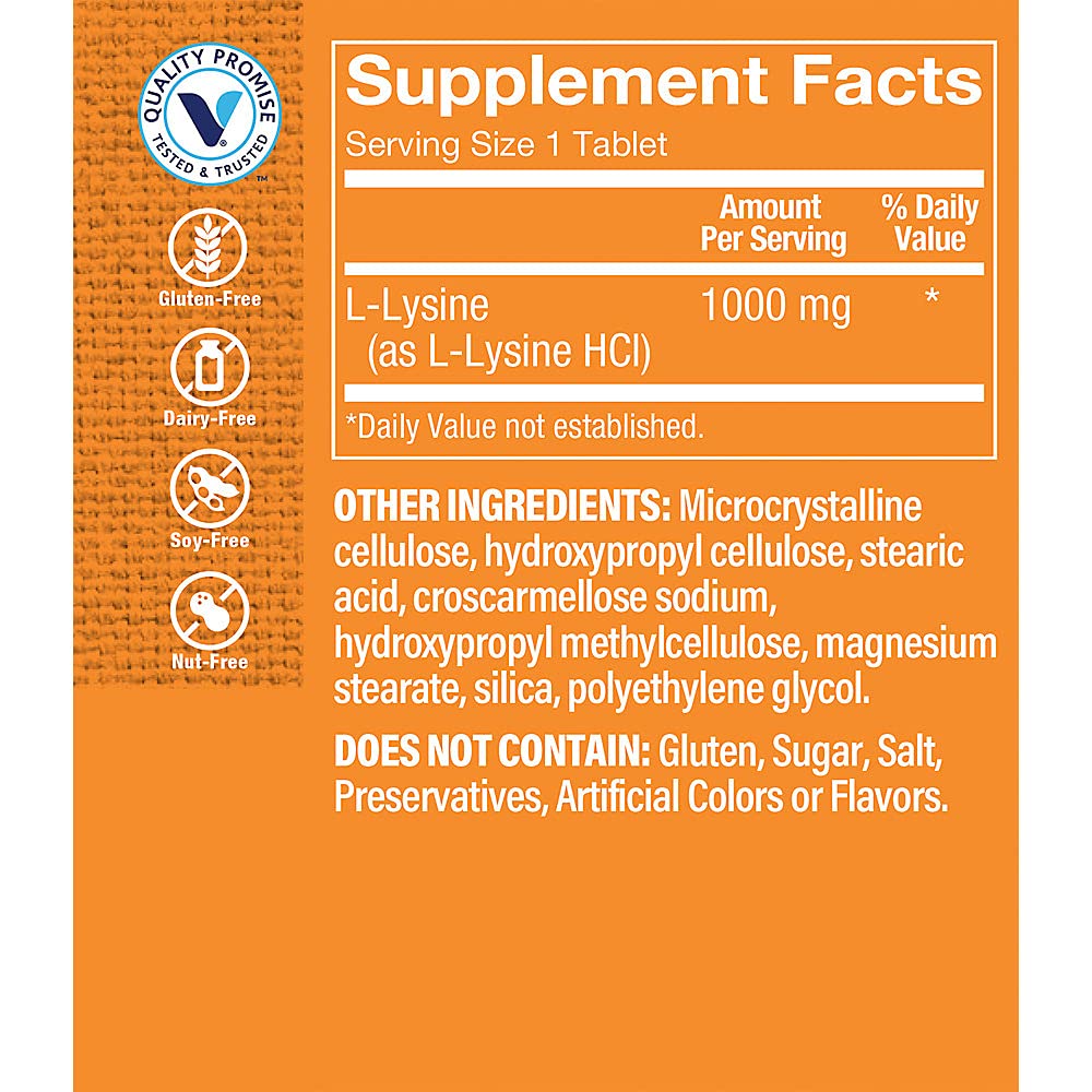 The Vitamin Shoppe L-Lysine 1000mg - Essential Amino Acid Supplement for Lip Care, Collagen & Elastin Production - 100 Tablets - Daily Immune Support for Cold Sores & Skin Health