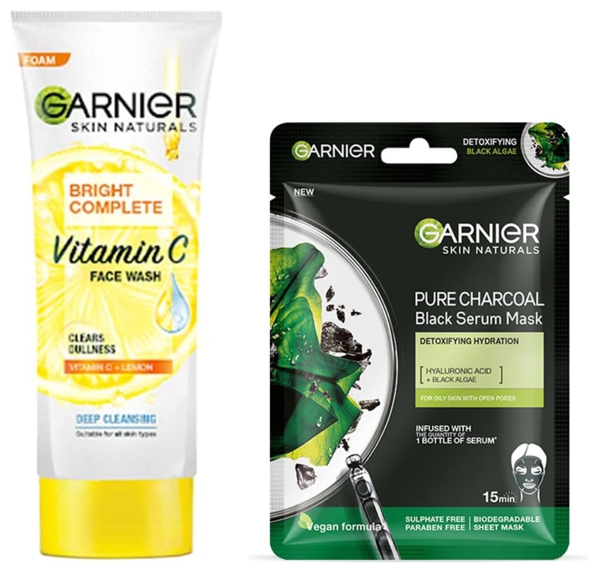 **Garnier Skin Naturals Light Complete Face Wash 100g & Charcoal Face Serum Sheet Mask 28g – Brightening & Detoxifying Skincare Set for Glowing Skin – Perfect for Daily Cleansing & Weekly Pampering**