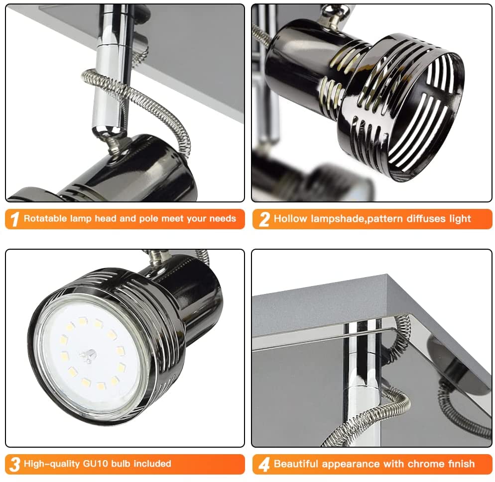 Modern LED Track Lighting Fixture - 4 Light Square Ceiling Spot Lights with Warm White 3W GU10 Bulbs Included | Flush Mount Directional Lighting for Kitchen, Living Room, Bedroom, Office & Retail Spaces | Energy-Efficient Dimmable Ceiling Light Kit